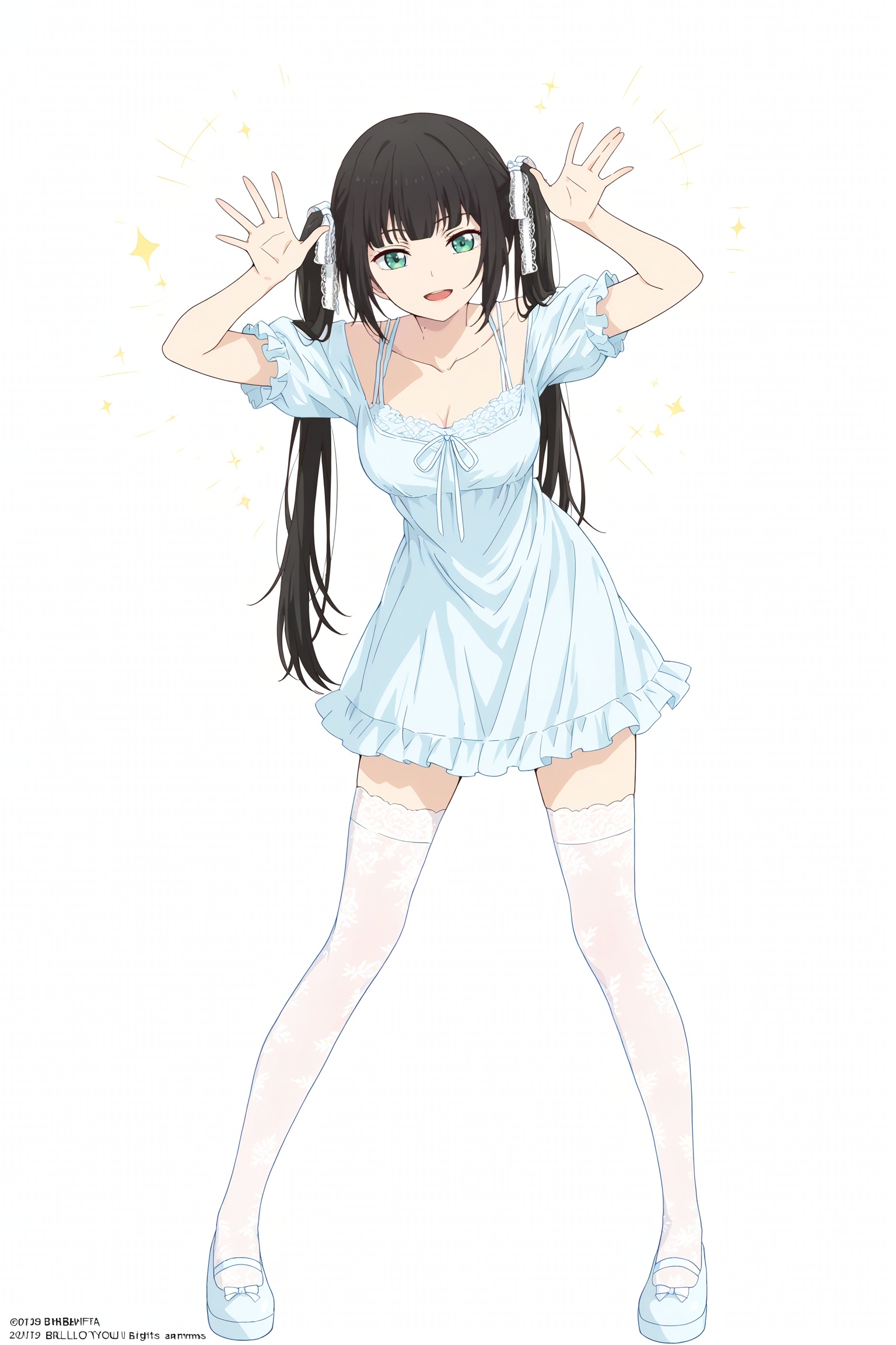 (Stretch out your arms,open your hands: 1.1),/Full body, standing//
White background, white theme, solo, whole body
Masterpiece, best quality, 2d, animation,
//
///（Stretch out your arms,open your hands: 1.1),
//
The best quality, amazing quality, very beautiful, ridiculous, the best quality, very beautiful,
//Four fingers, four fingers, mother, elder
//（Stretch out your arms,open your hands: 1.1),//
/Nishiro Chizuru,(Medium breasts: 0.8),//Four fingers, four fingers, mother, elder///
One girl, alone, with low-hanging double ponytails, long hair, black hair (styled in low double ponytails), green eyes
/////, #D8687B main fabric, #D7EAE7 puffy sleeves, #FFFBF2 lace trim, #FFAFBA ruffled hem, 
White lace thigh socks, semi-transparent white silk, oversized lace bow socks, hazy beautiful legs, high elasticity and close-fitting, extremely delicate lace pattern, close-up of thighs