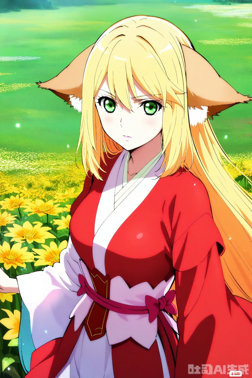 1girl, solo, long hair, breasts, looking at viewer, bangs, skirt, blonde hair, long sleeves, animal ears, hair between eyes, very long hair, closed mouth, green eyes, japanese clothes,wide sleeves, kimono, animal ear fluff, sash, fox ears, Red Kimono,Red Hanfu,masterpiece,best quality,official art,extremely detailed CG unity 8k wallpaper,upper body,looking at viewer,flower field,flower field,
