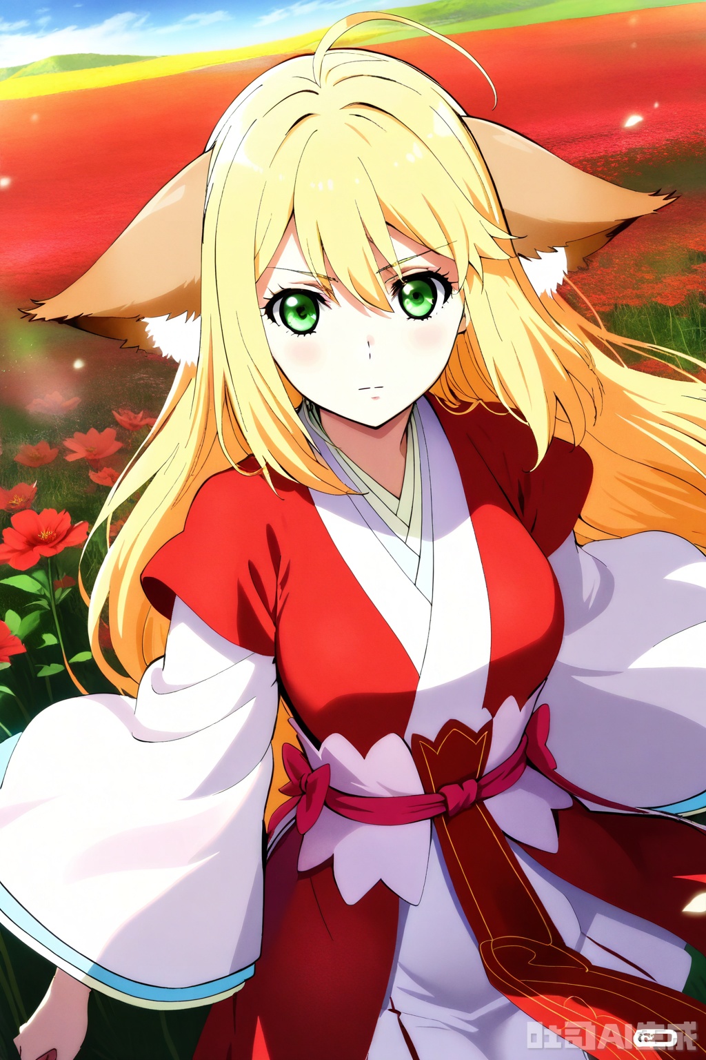 1girl, solo, long hair, breasts, looking at viewer, bangs, skirt, blonde hair, long sleeves, animal ears, hair between eyes, very long hair, closed mouth, green eyes, japanese clothes,wide sleeves, kimono, animal ear fluff, sash, fox ears, Red Kimono,Red Hanfu,masterpiece,best quality,official art,extremely detailed CG unity 8k wallpaper,upper body,looking at viewer,flower field,flower field,