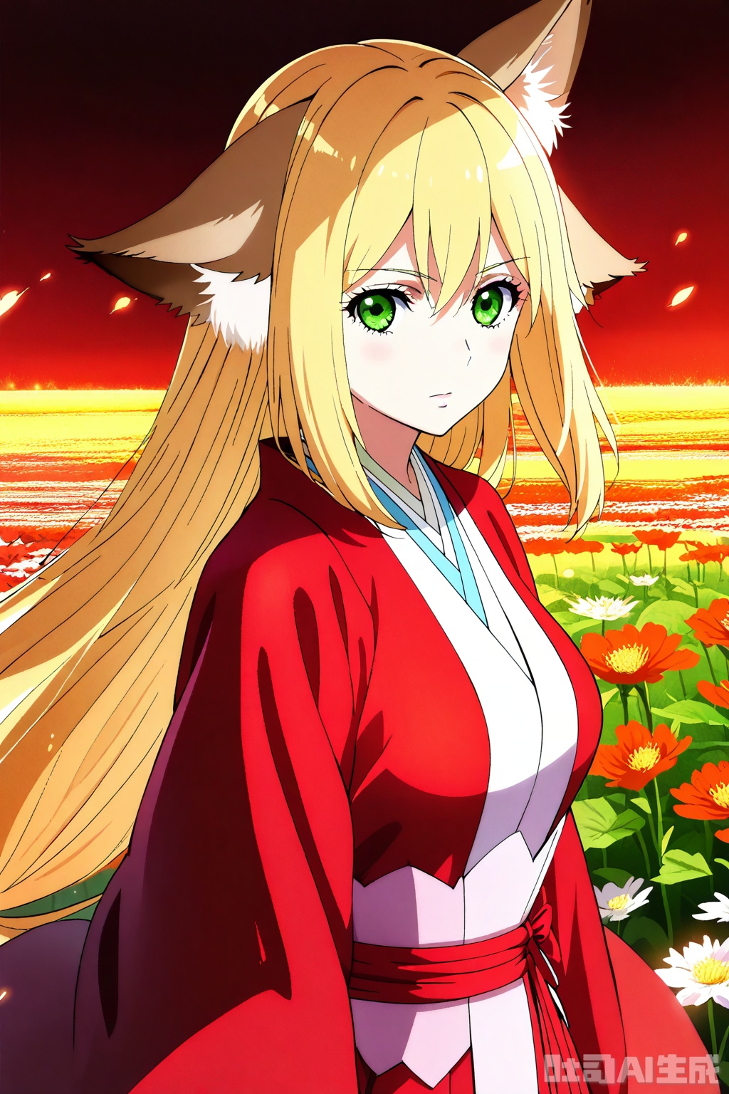 1girl, solo, long hair, breasts, looking at viewer, bangs, skirt, blonde hair, long sleeves, animal ears, hair between eyes, very long hair, closed mouth, green eyes, japanese clothes,wide sleeves, kimono, animal ear fluff, sash, fox ears, Red Kimono,Red Hanfu,masterpiece,best quality,official art,extremely detailed CG unity 8k wallpaper,upper body,looking at viewer,flower field,flower field,