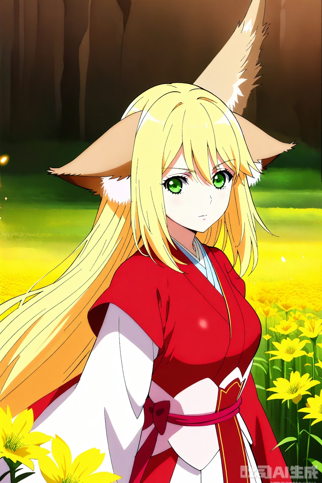 1girl, solo, long hair, breasts, looking at viewer, bangs, skirt, blonde hair, long sleeves, animal ears, hair between eyes, very long hair, closed mouth, green eyes, japanese clothes,wide sleeves, kimono, animal ear fluff, sash, fox ears, Red Kimono,Red Hanfu,masterpiece,best quality,official art,extremely detailed CG unity 8k wallpaper,upper body,looking at viewer,flower field,flower field,