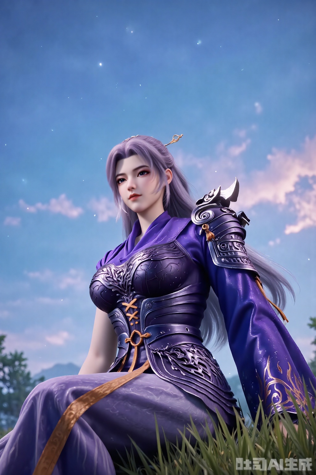 1girl, solo, long hair, looking at viewer, skirt, hair ornament, dress, purple hair,grey hair, sky, cloud, armor, blue sky, armored dress,YunXiao,asymmetrical sleeves,sitting,lawn