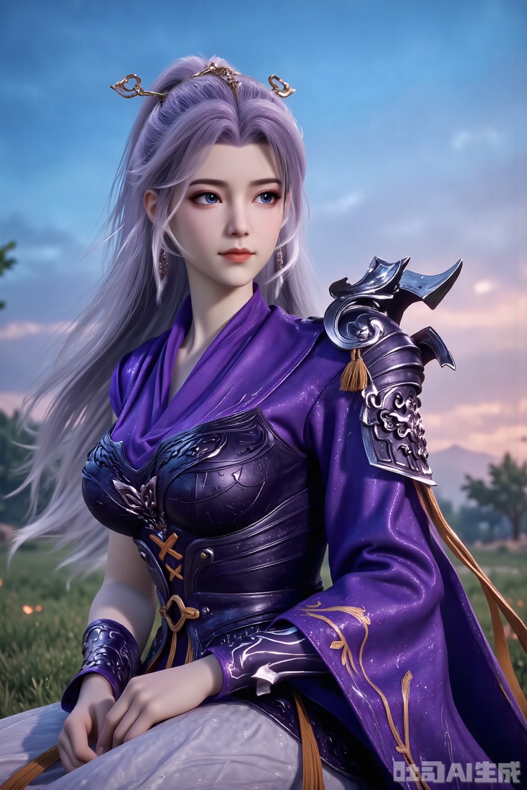 1girl, solo, long hair, looking at viewer, skirt, hair ornament, dress, purple hair,grey hair, sky, cloud, armor, blue sky, armored dress,YunXiao,asymmetrical sleeves,sitting,lawn