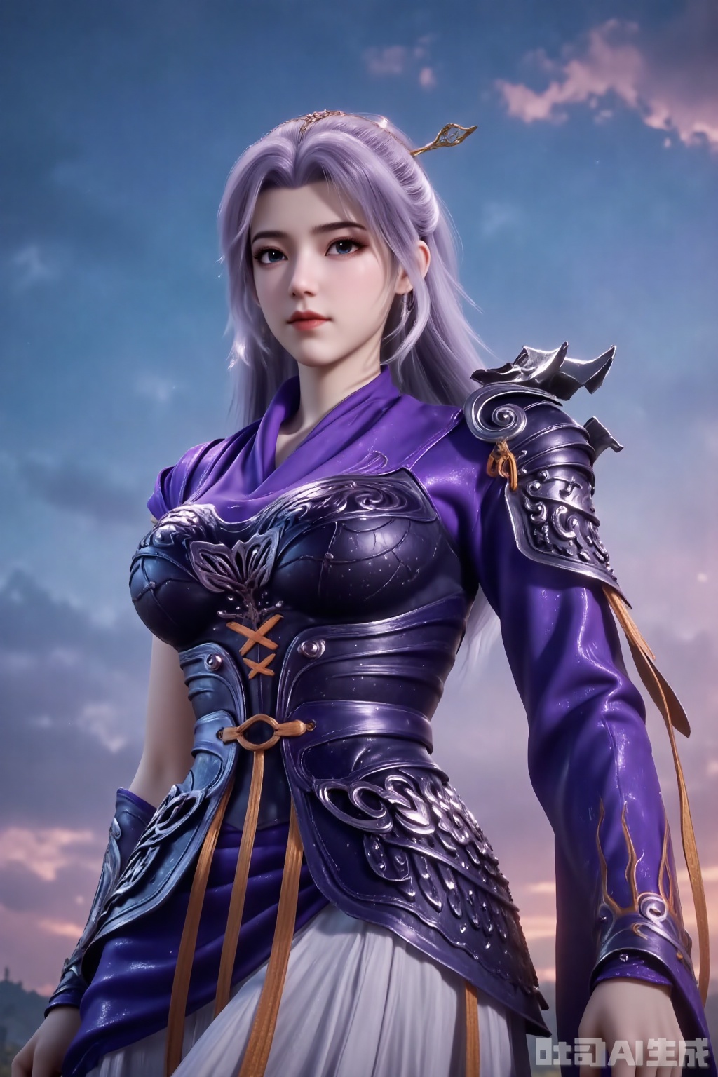 1girl, solo, long hair, looking at viewer, skirt, hair ornament, dress, purple hair,grey hair, sky, cloud, armor, blue sky, armored dress,YunXiao,asymmetrical sleeves,portrait 