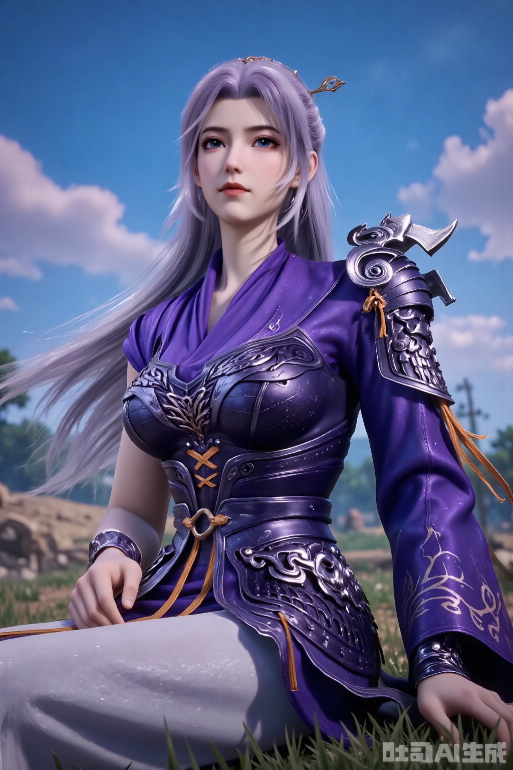 1girl, solo, long hair, looking at viewer, skirt, hair ornament, dress, purple hair,grey hair, sky, cloud, armor, blue sky, armored dress,YunXiao,asymmetrical sleeves,sitting,lawn