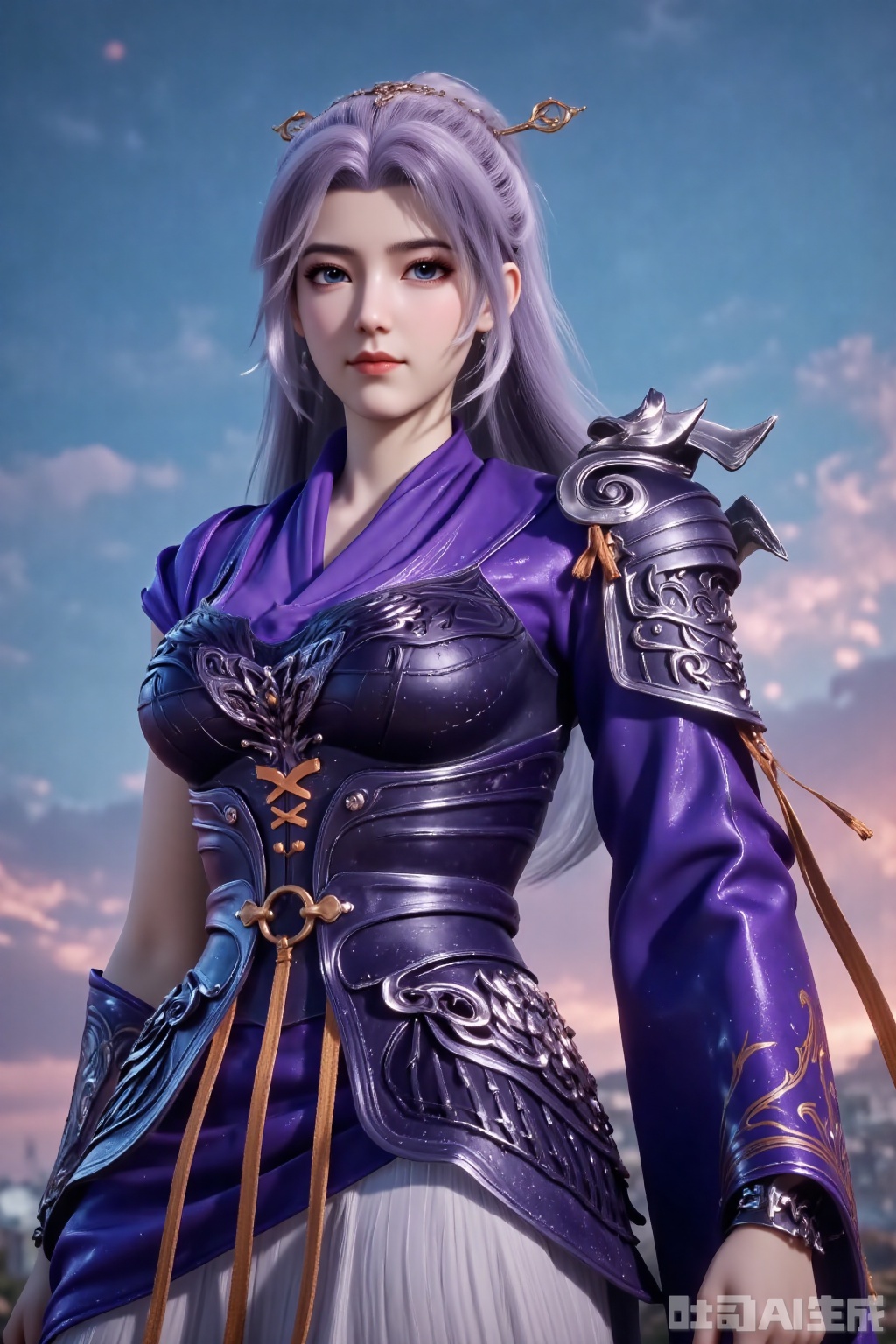 1girl, solo, long hair, looking at viewer, skirt, hair ornament, dress, purple hair,grey hair, sky, cloud, armor, blue sky, armored dress,YunXiao,asymmetrical sleeves,portrait 