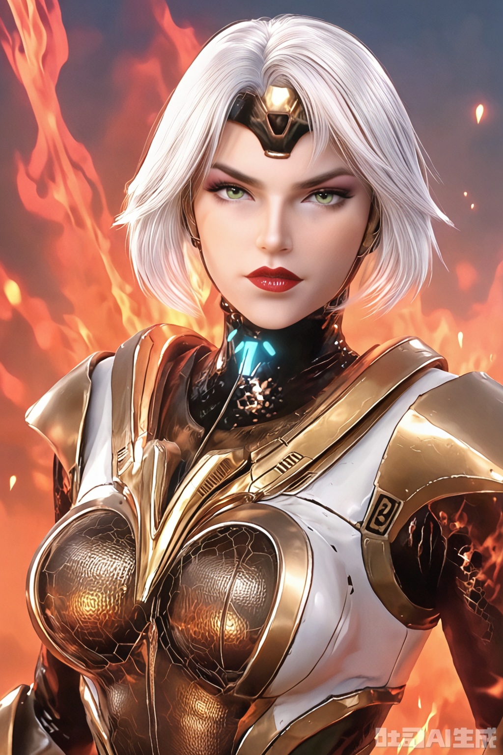 score_9_up,1girl, solo, looking at viewer, short hair, green eyes, cowboy shot, white hair, armor, lips, makeup, lipstick, realistic,FaEr,fiery background