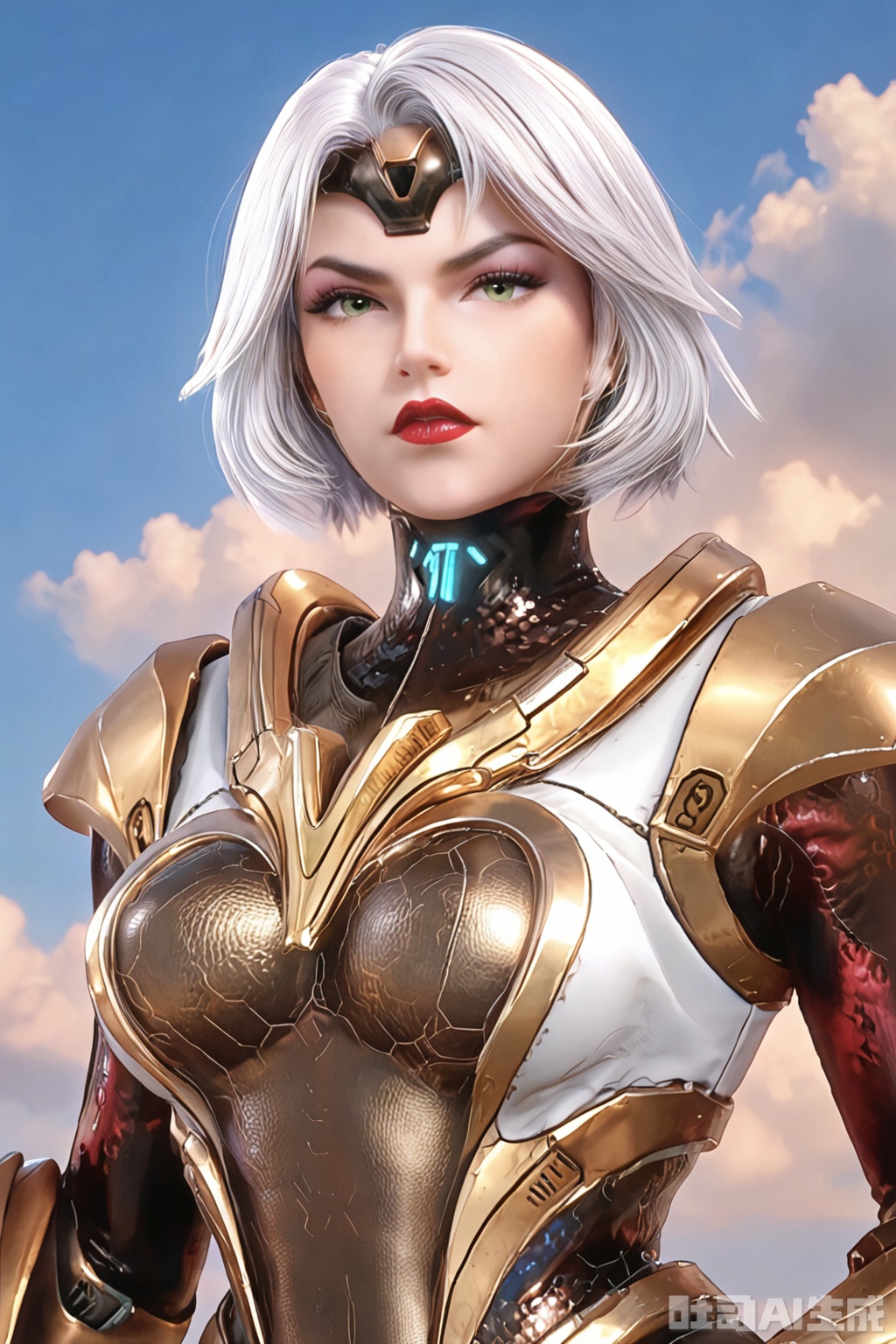 score_9_up,1girl, solo, looking at viewer, short hair, green eyes, cowboy shot, white hair, armor, lips, makeup, lipstick, realistic,FaEr,blue sky background,cloud background