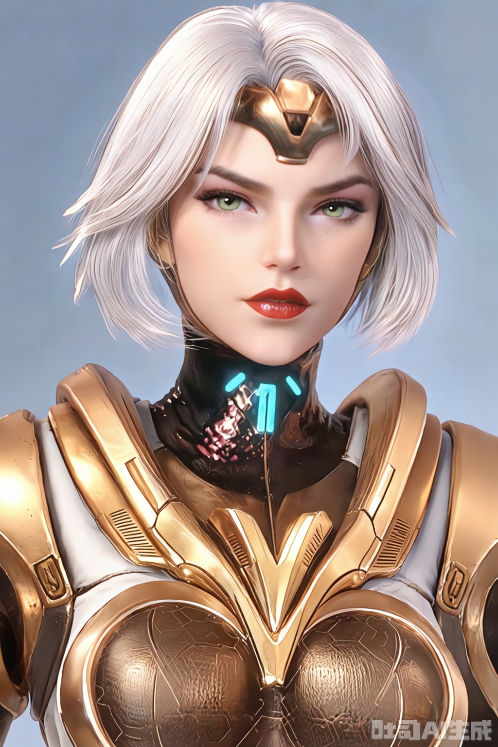 score_9_up,1girl, solo, looking at viewer, short hair, green eyes, upper body, white hair, armor, lips, makeup, lipstick, realistic,FaEr