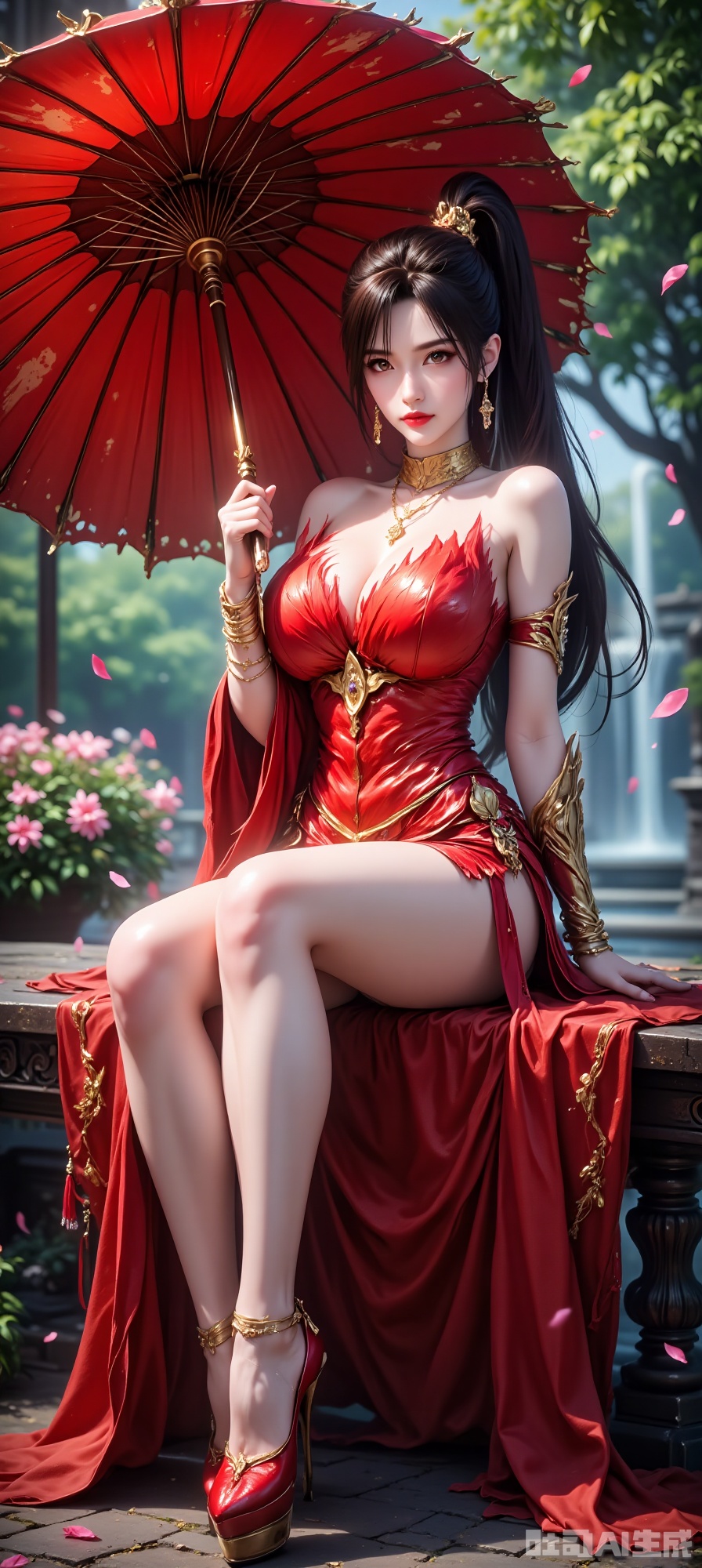 The image depicts a woman seated on a red bench outdoors. She is dressed in a striking red outfit adorned with gold accents, including a sleeveless dress with flame-like patterns and arm guards. She holds a large red parasol decorated with golden patterns, and her hair is styled in two ponytails with golden accessories. The background features a garden setting with green foliage, pink flowers, and a fountain, creating a serene and elegant atmosphere. The woman's expression is calm and composed, adding to the overall aesthetic of the scene.