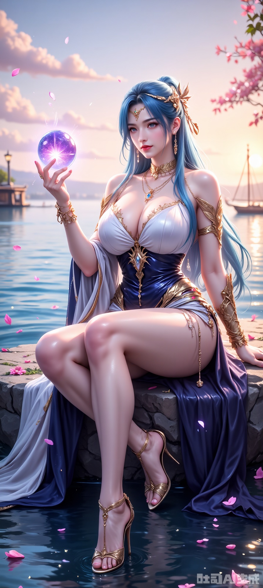 The image depicts a serene and ethereal scene with a female character sitting on a rock by the water. She has long, flowing blue hair and is adorned with a regal, golden headpiece and jewelry. Her outfit is a combination of a deep blue corset-style dress with white and gold accents, and she is wearing elegant, open-toed sandals. The character is holding a glowing, purple orb in her right hand, which emits a soft, magical light. The background features a tranquil water body with gentle ripples, and the sky is painted in soft, pastel hues of pink and purple, creating a dreamy atmosphere. Floating petals and a few distant boats can be seen in the water, adding to the peaceful and magical setting.