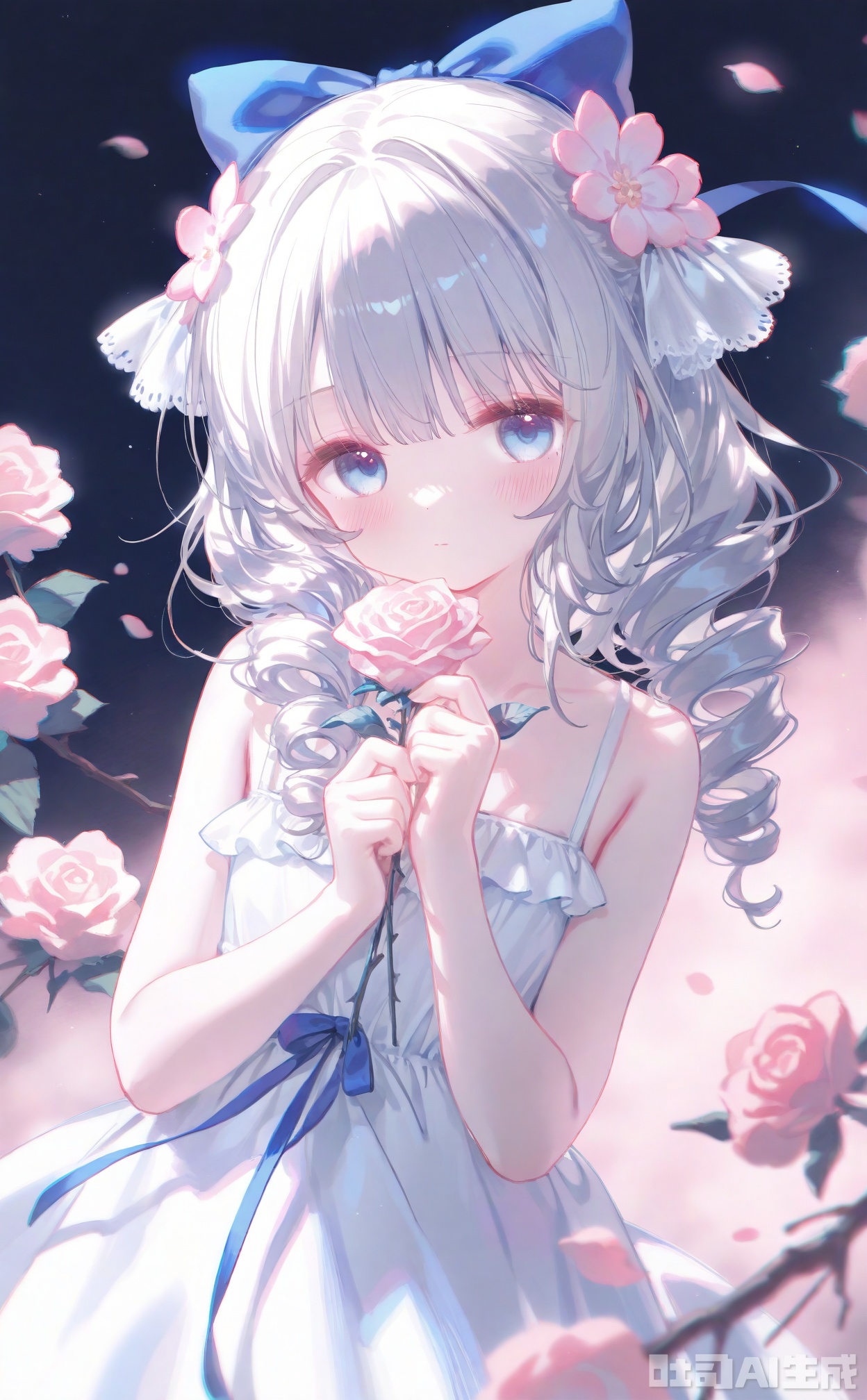 masterpiece,very aware,highres,absurdres,newest,best quality,loli,petite,high quality,chromatic_aberration,cinematic_angle,dutch angle, nyalia, //,artist:ciloranko,artist:ningen_mame,artist:sho_(sho_lwlw),artist:rhasta,artist:wlop,artist:ke-ta,artist:hiten \(hitenkei\),//,1girl, solo, looking at viewer, bangs, blue eyes, hair ornament, dress, bow, ribbon, holding, bare shoulders, closed mouth, flower, hair bow, grey hair, hair flower, white dress, rose, drill hair, pink flower, branch, holding flower