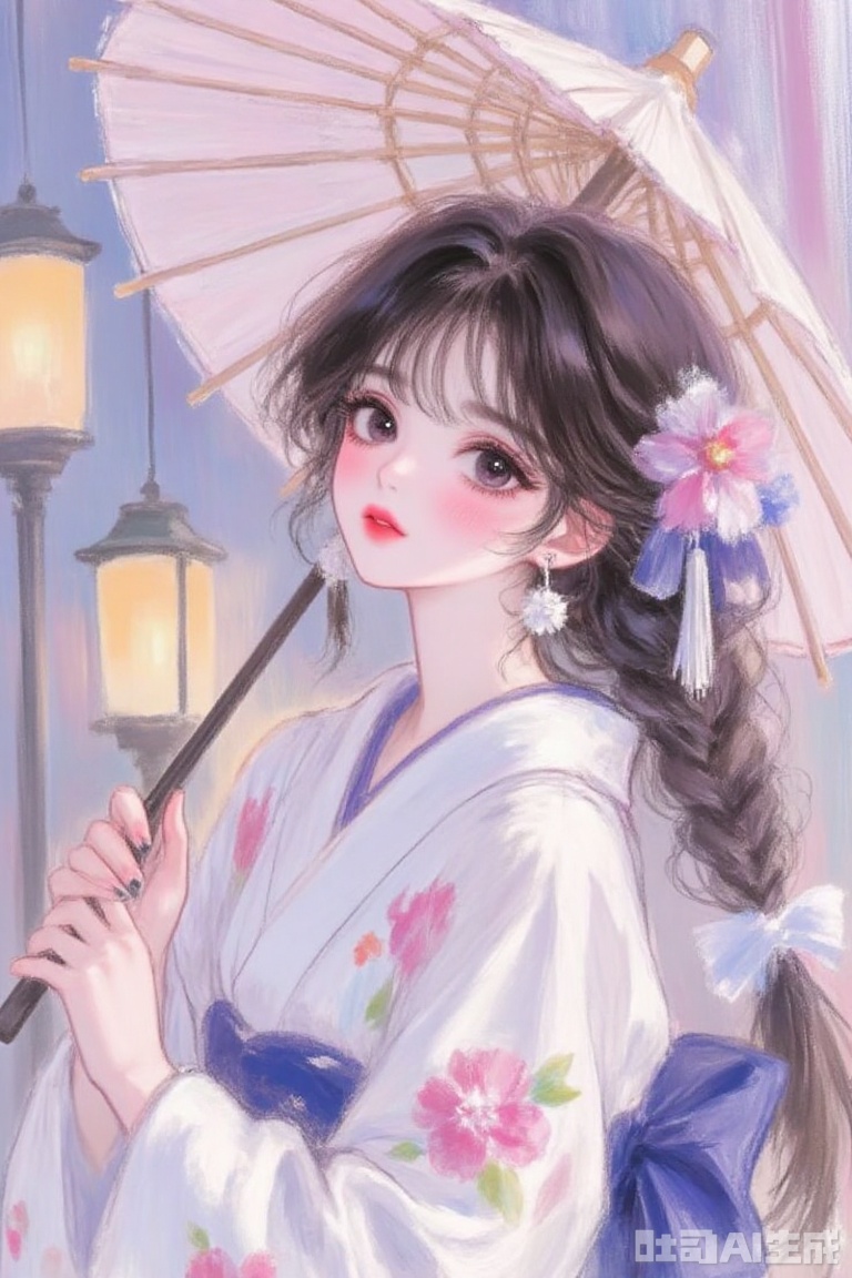  person in kimono, floral patterns, holding paper umbrella, hair with flowers, tassels in hair, soft pastel background, lanterns, serene atmosphere