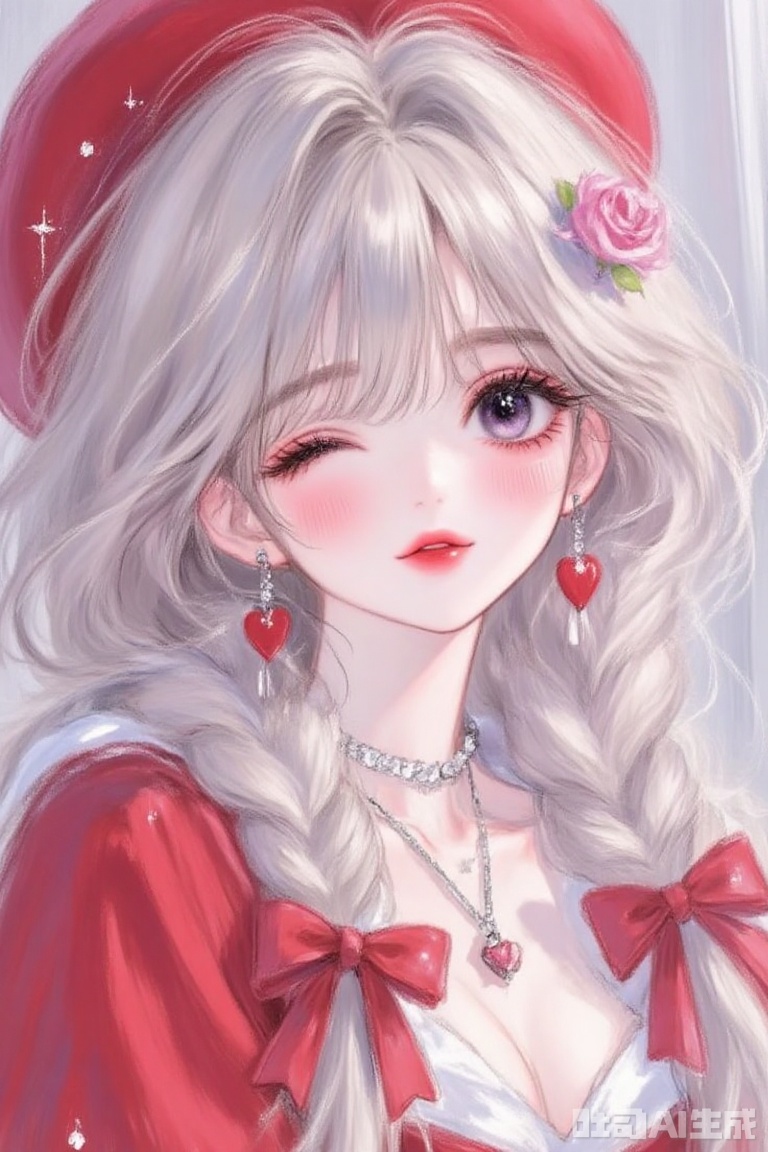anime-style character, long gray hair, red white ribbons, red outfit, intricate details, bows heart motifs, pink roses, sparkles, whimsical touch
