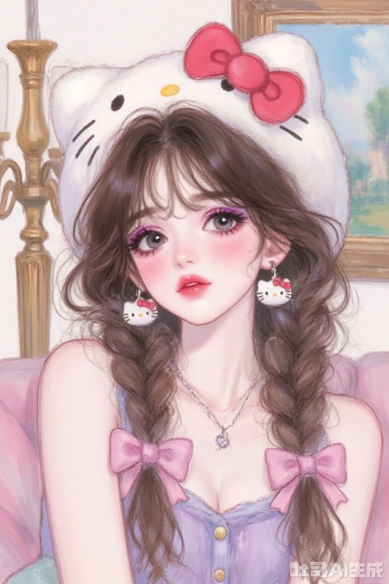 long wavy hair, hello kitty headband, matching earrings, pastel outfit, pink bows, chandelier, painting, whimsical atmosphere