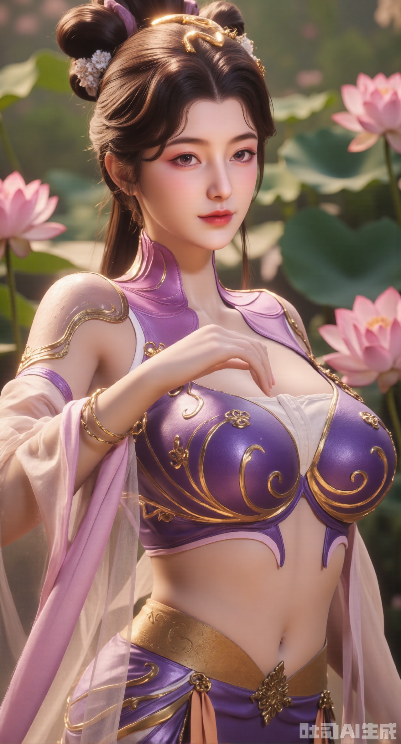 (masterpiece, best quality:1.2), highres, extremely detailed, 1girl,(hanfu dress:1.26),looking at viewer,indoors, (big breasts:2.69),Depth of field,garden of the sun,shiny,flowers, garden, 1girl, (Lotus:1.39), (butterflies, ultra detailed, glary,Light, light particles,glitter,reflect:1.29),,XyunxiaoYK,Xbigbreasts,Xrixirenxiangsheying,Xmengru,XfuqingyunY