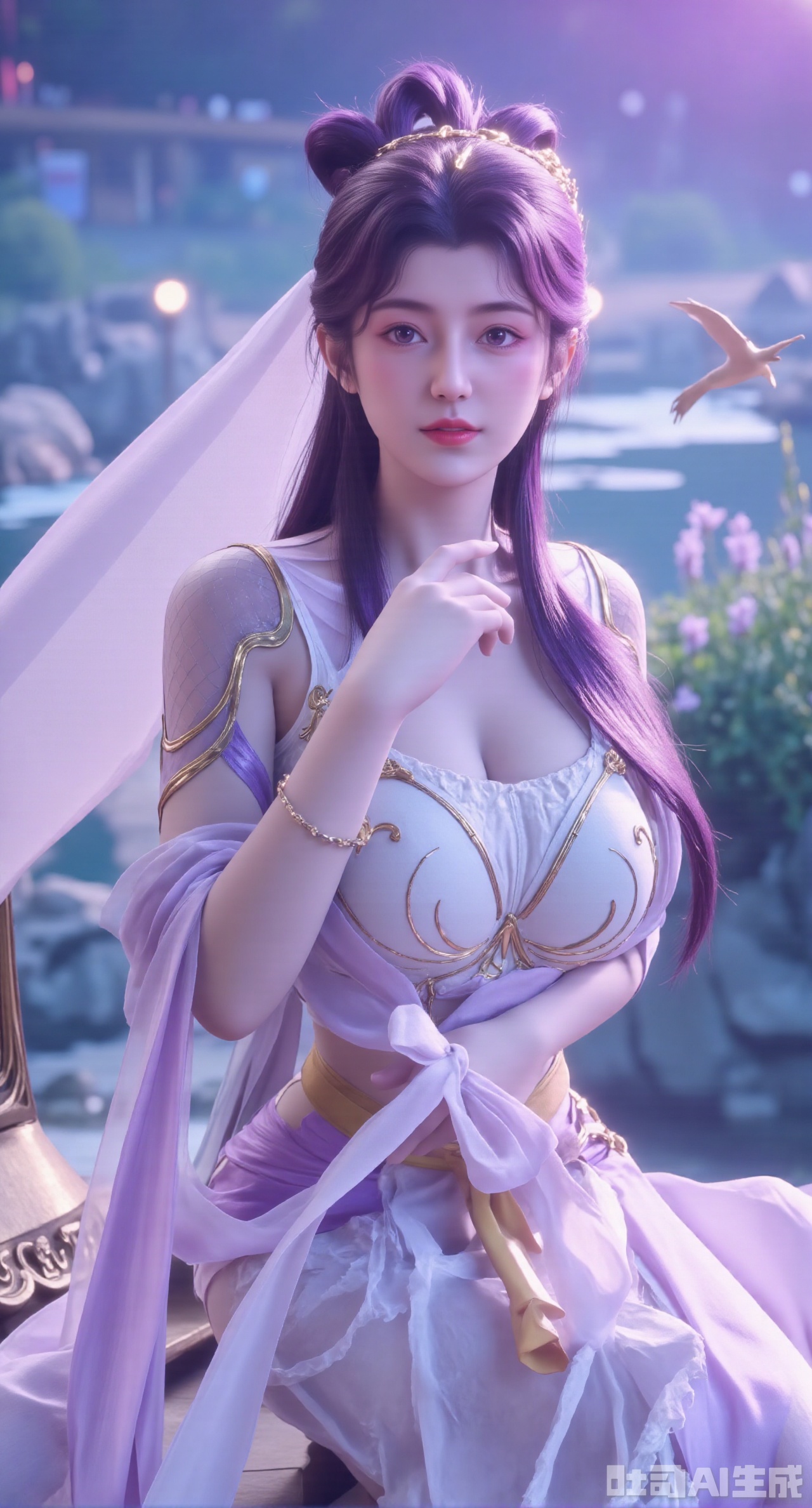 (masterpiece:1.2),best quality,,an anime CG style image.A girl has long purple hair,There is a crown on her head,She has beautiful and delicate facial features, fair skin, and wearing a white dress,sitting Floating islands in celestial valley, bioluminescent flora under starlight, pastel pink and aqua auroras, dreamlike composition with impossible physics, 3D render style.(huge breasts:2.99),(full breasts:2.99),,,XyunxiaoYK,Xbigbreasts,Xrixirenxiangsheying,Xmengru,XfuqingyunY