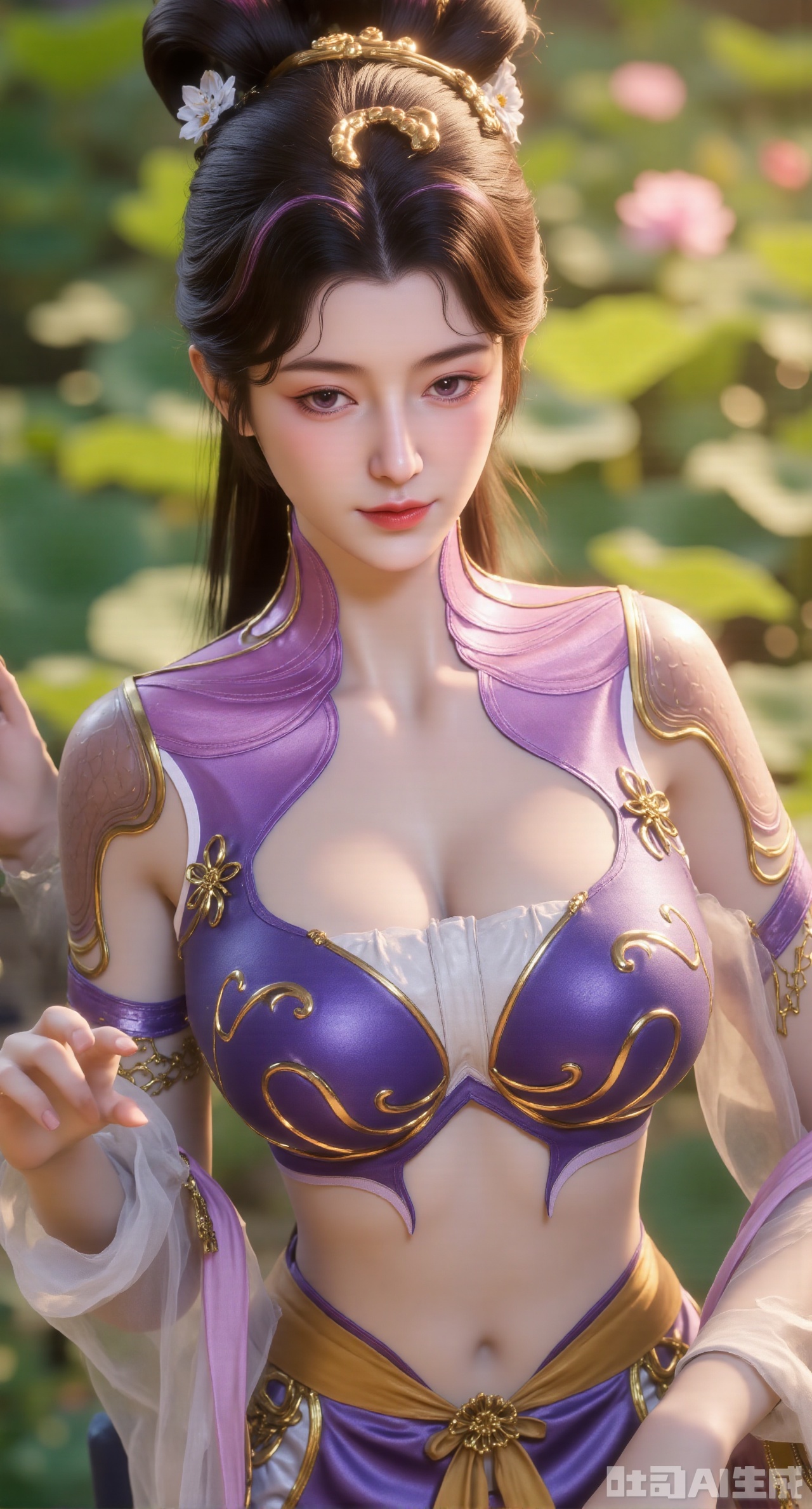 (masterpiece, best quality:1.2), highres, extremely detailed, 1girl,(hanfu dress:1.26),looking at viewer,indoors, (big breasts:2.69),Depth of field,garden of the sun,shiny,flowers, garden, 1girl, (Lotus:1.39), (butterflies, ultra detailed, glary,Light, light particles,glitter,reflect:1.29),,XyunxiaoYK,Xbigbreasts,Xrixirenxiangsheying,Xmengru,XfuqingyunY