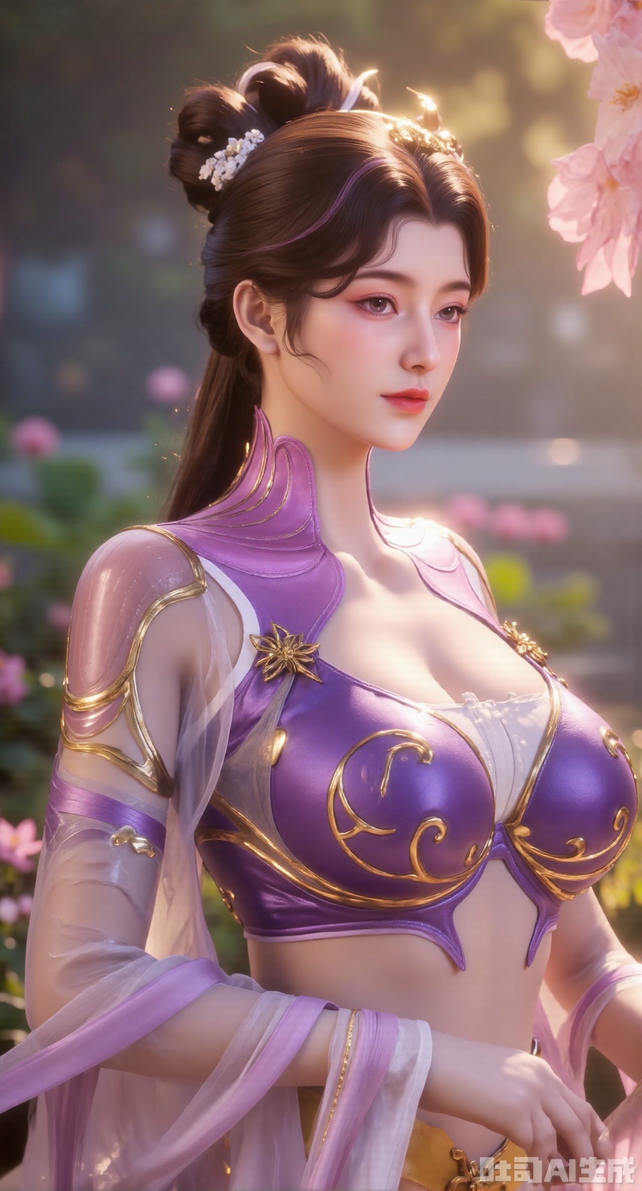(masterpiece, best quality:1.2), highres, extremely detailed, 1girl,(hanfu dress:1.26),looking at viewer,indoors, (big breasts:2.69),Depth of field,garden of the sun,shiny,flowers, garden, 1girl, (Lotus:1.39), (butterflies, ultra detailed, glary,Light, light particles,glitter,reflect:1.29),,XyunxiaoYK,Xbigbreasts,Xrixirenxiangsheying,Xmengru,XfuqingyunY