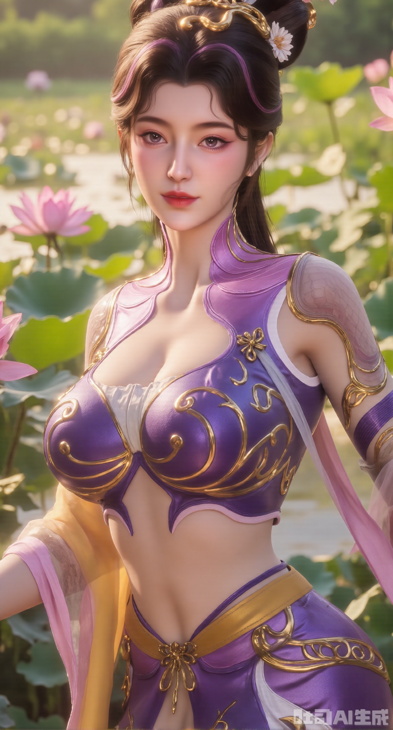 (masterpiece, best quality:1.2), highres, extremely detailed, 1girl,(hanfu dress:1.26),looking at viewer,indoors, (big breasts:2.69),Depth of field,garden of the sun,shiny,flowers, garden, 1girl, (Lotus:1.39), (butterflies, ultra detailed, glary,Light, light particles,glitter,reflect:1.29),,XyunxiaoYK,Xbigbreasts,Xrixirenxiangsheying,Xmengru,XfuqingyunY