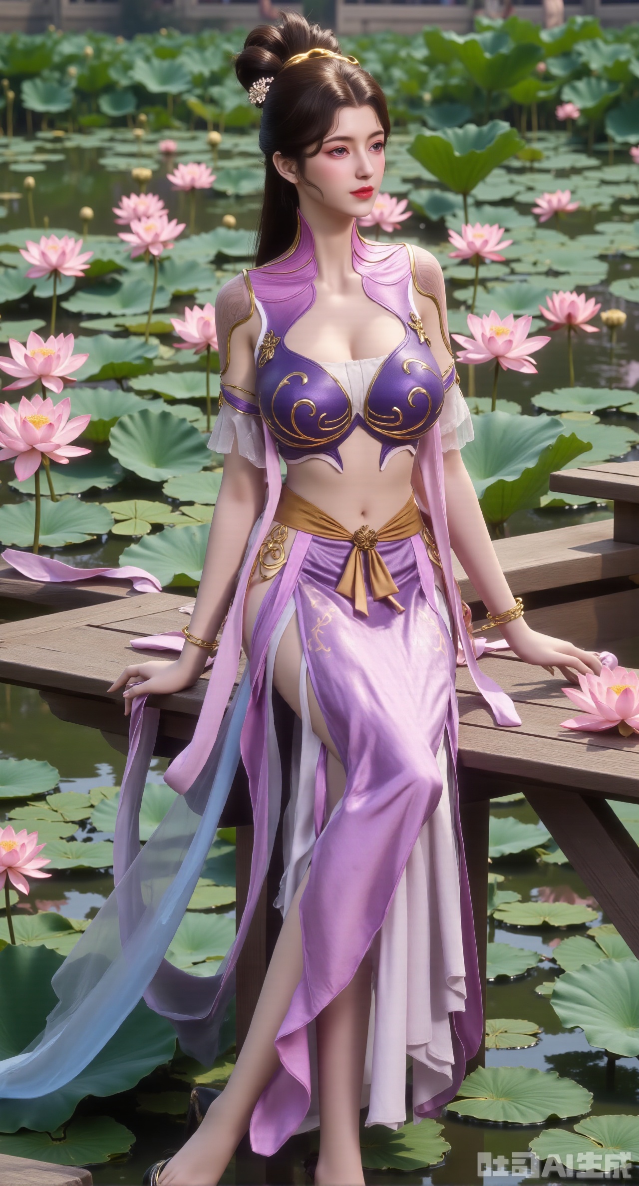(masterpiece:1.2),best quality,The image is a digital illustration of a young woman sitting on a wooden bench in a pond with lily pads. She is wearing a long dress with design on the chest and sleeves. The dress has a high neckline and short sleeves,Holding a lotus in hand. She has long dark hair styled in loose waves and is wearing gold high heels. The woman is posing with one hand on her hip and the other resting on the edge of the bench. The background is filled with pink and white lotus flowers and green leaves. The overall mood of the image is peaceful and serene,(huge breasts:2.99),(full breasts:2.99),(Background with traditional Chinese architecture, lotus pond and pink lotus flowers:1.39),,XyunxiaoYK,Xbigbreasts,Xrixirenxiangsheying,Xmengru,XfuqingyunY