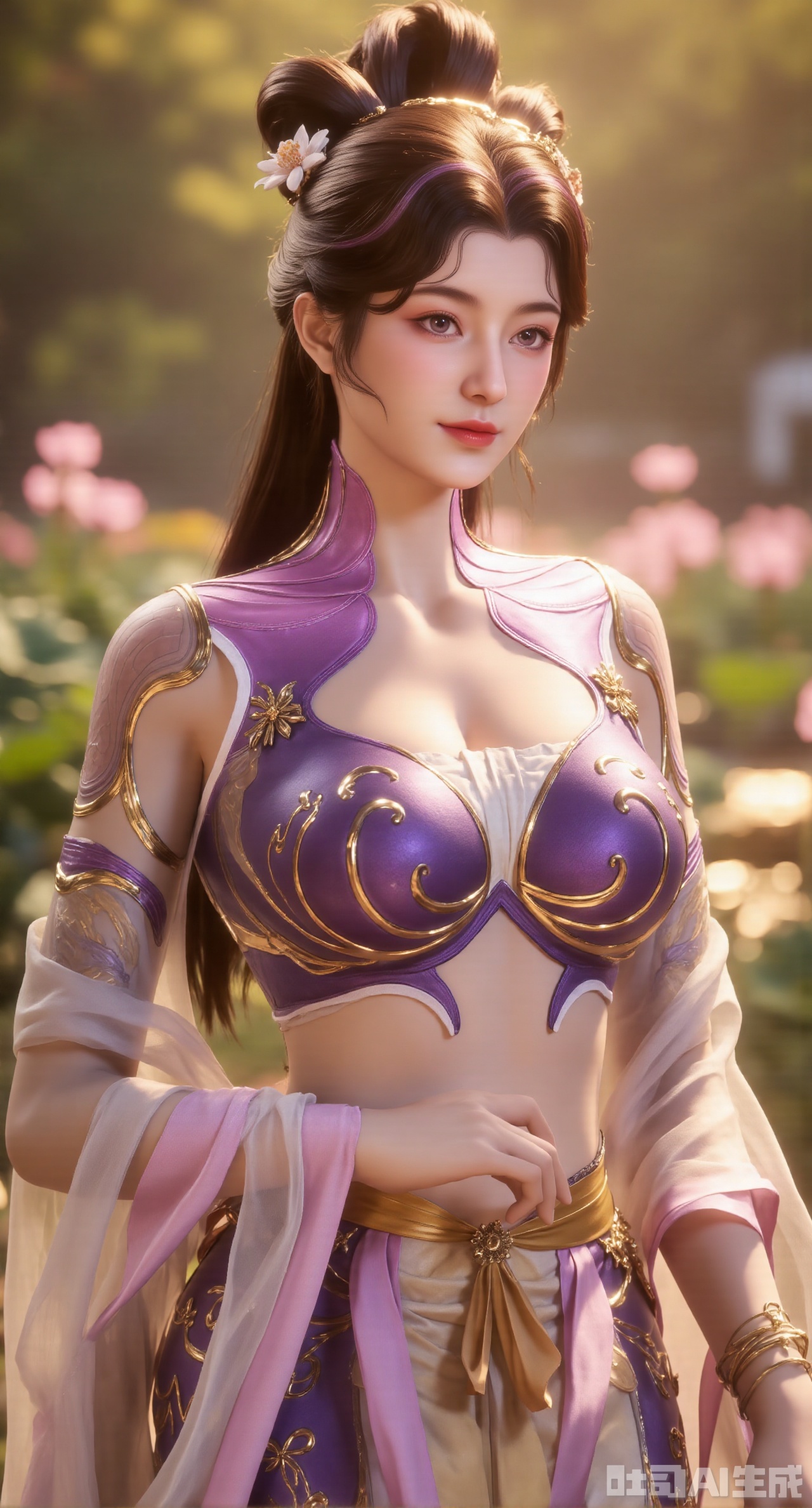 (masterpiece, best quality:1.2), highres, extremely detailed, 1girl,(hanfu dress:1.26),looking at viewer,indoors, (big breasts:2.69),Depth of field,garden of the sun,shiny,flowers, garden, 1girl, (Lotus:1.39), (butterflies, ultra detailed, glary,Light, light particles,glitter,reflect:1.29),,XyunxiaoYK,Xbigbreasts,Xrixirenxiangsheying,Xmengru,XfuqingyunY