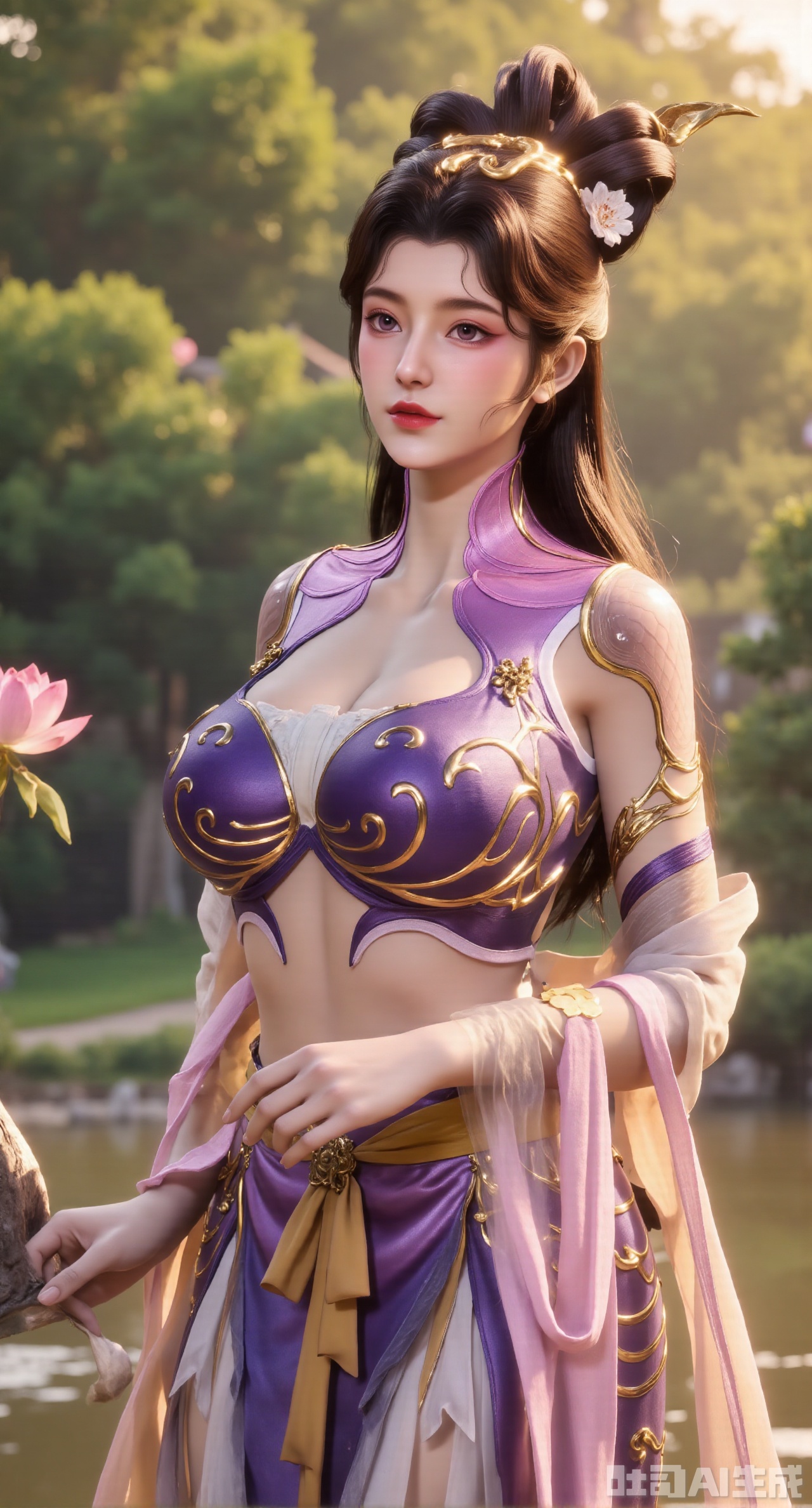 (masterpiece, best quality:1.2), highres, extremely detailed, 1girl,(hanfu dress:1.26),looking at viewer,indoors, (big breasts:2.69),Depth of field,garden of the sun,shiny,flowers, garden, 1girl, (Lotus:1.39), (butterflies, ultra detailed, glary,Light, light particles,glitter,reflect:1.29),,XyunxiaoYK,Xbigbreasts,Xrixirenxiangsheying,Xmengru,XfuqingyunY