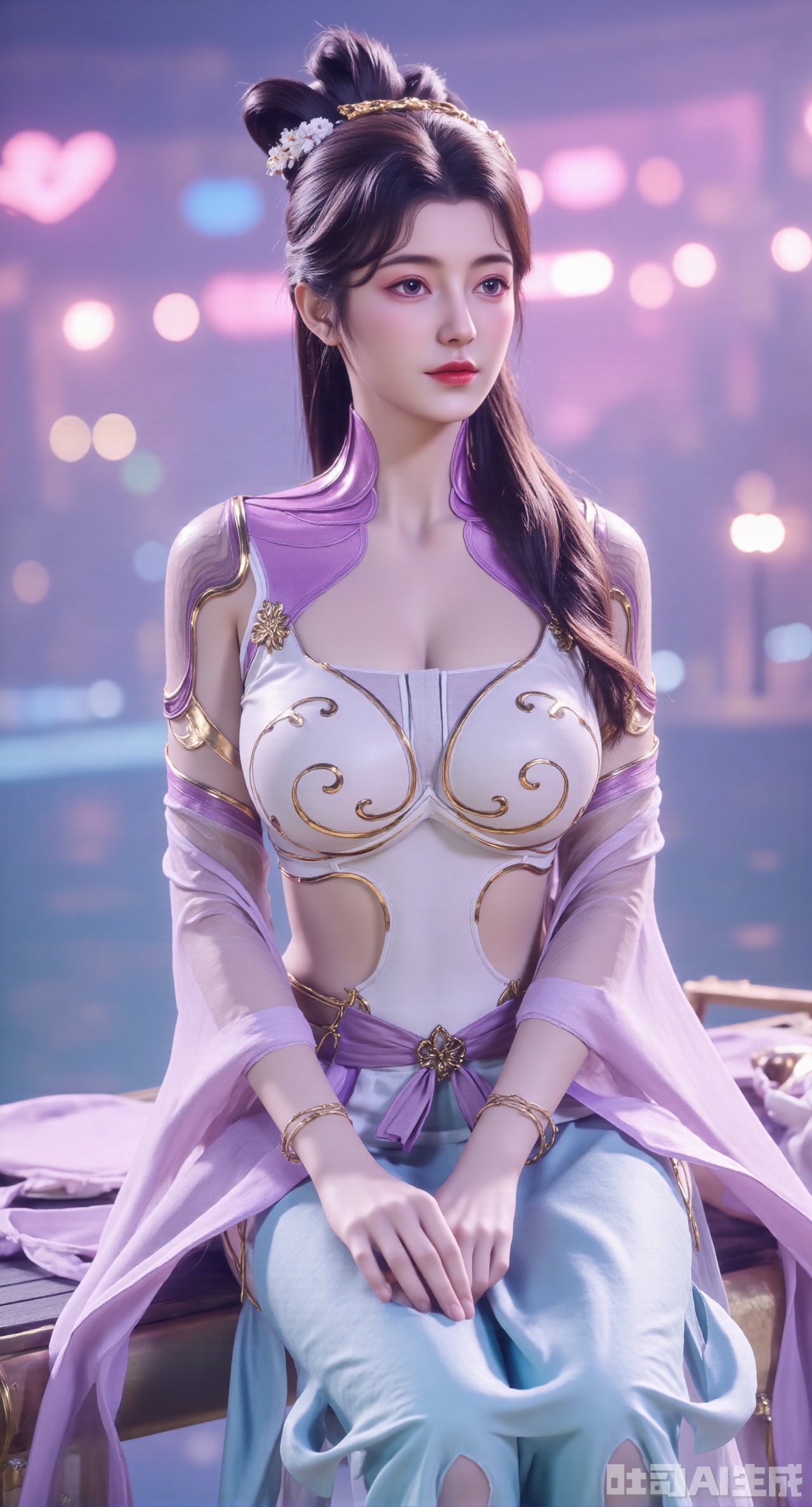 (masterpiece:1.2),best quality,,an anime CG style image.A girl has long purple hair,There is a crown on her head,She has beautiful and delicate facial features, fair skin, and wearing a white dress,sitting Floating islands in celestial valley, bioluminescent flora under starlight, pastel pink and aqua auroras, dreamlike composition with impossible physics, 3D render style.(huge breasts:2.99),(full breasts:2.99),,,XyunxiaoYK,Xbigbreasts,Xrixirenxiangsheying,Xmengru,XfuqingyunY