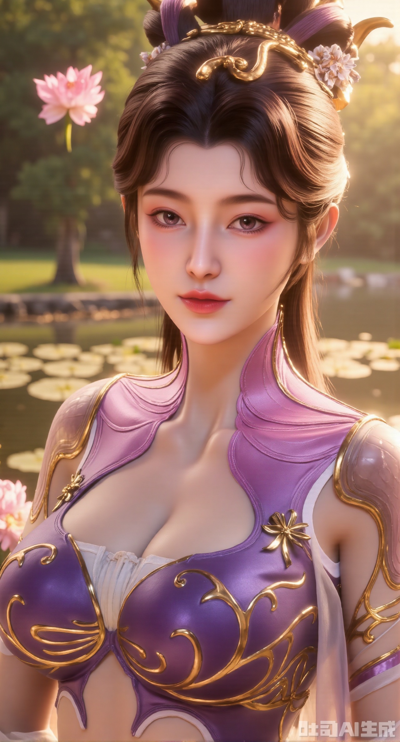 (masterpiece, best quality:1.2), highres, extremely detailed, 1girl,(hanfu dress:1.26),looking at viewer,indoors, (big breasts:2.69),Depth of field,garden of the sun,shiny,flowers, garden, 1girl, (Lotus:1.39), (butterflies, ultra detailed, glary,Light, light particles,glitter,reflect:1.29),,XyunxiaoYK,Xbigbreasts,Xrixirenxiangsheying,Xmengru,XfuqingyunY