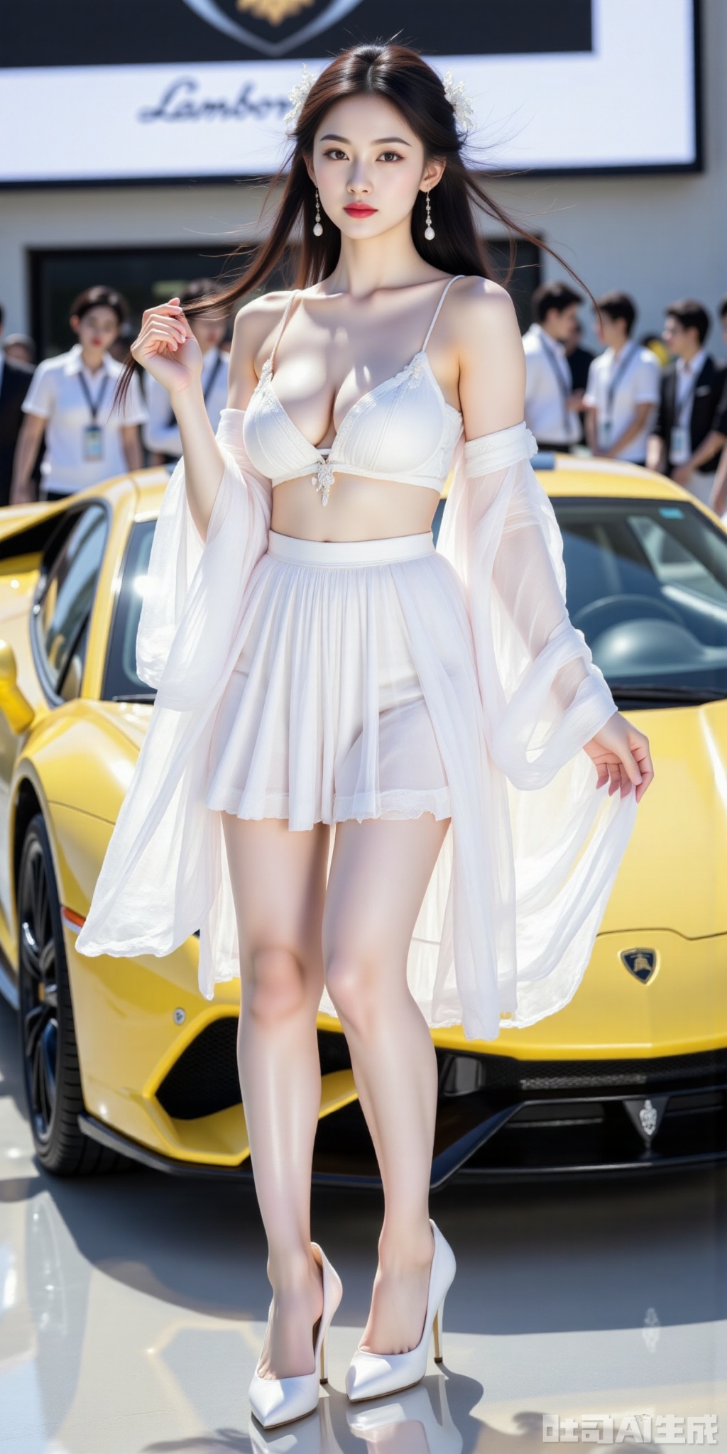 8K, ultra clear, Beautiful car model, fair skin, tender legs, slender legs, full body photo, wearing white high heels. In the 8x resolution ultra-clear picture, the car show scene is bright and lively. Next to it is a luxury Lamborghini. There is a large screen above the back. She is wearing a white shirt, a white pleated skirt, 36D breasts, and her long hair Dancing in the wind shows her flexibility and freedom. With a confident and cheerful smile on her face, she has an elegant figure, her plump breasts outline charming curves, and her clear vest lines highlight her health and vitality. In such a car show atmosphere, she exudes a sexy and charming unique charm. Background characters are real,yoga pants,photo taken with a Canon EOS R6 Mark II Mirrorless camera in the style of 35mm f/8 aperture,