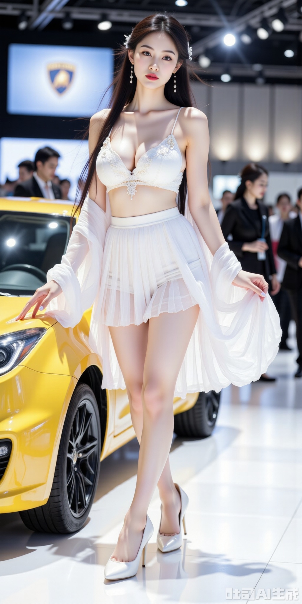 8K, ultra clear, Beautiful car model, fair skin, tender legs, slender legs, full body photo, wearing white high heels. In the 8x resolution ultra-clear picture, the car show scene is bright and lively. Next to it is a luxury Lamborghini. There is a large screen above the back. She is wearing a white shirt, a white pleated skirt, 36D breasts, and her long hair Dancing in the wind shows her flexibility and freedom. With a confident and cheerful smile on her face, she has an elegant figure, her plump breasts outline charming curves, and her clear vest lines highlight her health and vitality. In such a car show atmosphere, she exudes a sexy and charming unique charm. Background characters are real,yoga pants,photo taken with a Canon EOS R6 Mark II Mirrorless camera in the style of 35mm f/8 aperture,