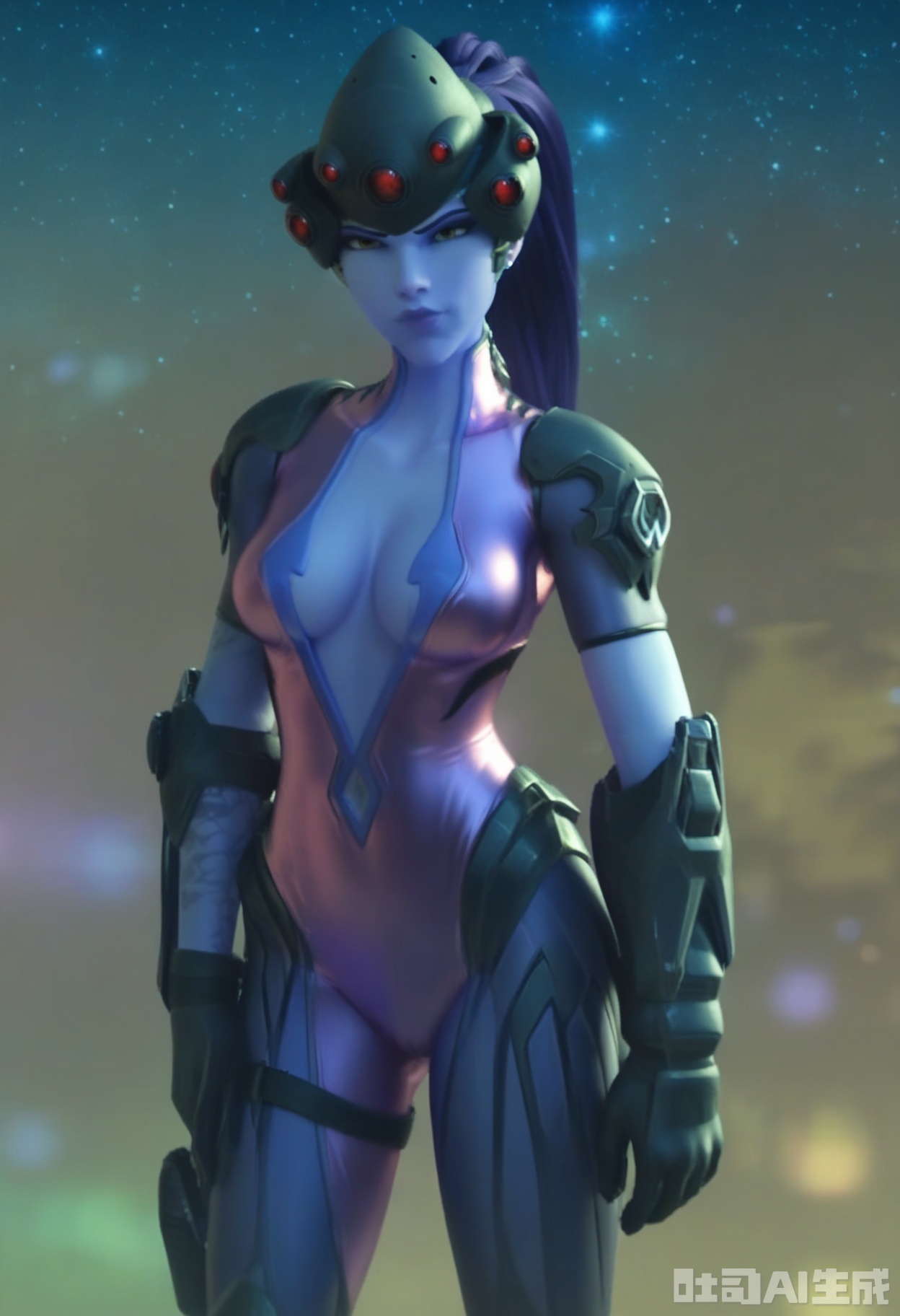 score_9,score_8_up,score_7_up,highly detailed,ultra-high best quality,masterpiece,realistic,ultra-fine painting,extreme detail description,Professional,Vivid Colors,(((extremely detailed CG unity 8k wallpaper))),an extremely delicate and beautiful,official art,sweet and delicate girl,delicate facial features,perfect bright figure,surrounded,Bright,romantic long hair,natural light,warm and sweet,a girl,
1girl,widowmaker (overwatch),(head-mounted display:1.3),solo,(colored skin:1.1),long hair,(pink bodysuit:1.1),ponytail,(purple skin:1.4),purple hair,gloves,(center opening:1.1),hair pulled back,yellow eyes,tattoo,thigh holster,black gloves,knee boots,(plunging neckline:1.1),(cleavage:1.1),armor,(holster:1.1),(high heel boots:1.2),collarbone,(purple lips:1.1),short sleeves,
(in a meadow:1.3),(night:1.2),(stars:1.3),((perfect legs:1.2)),(large breasts:1.2),
