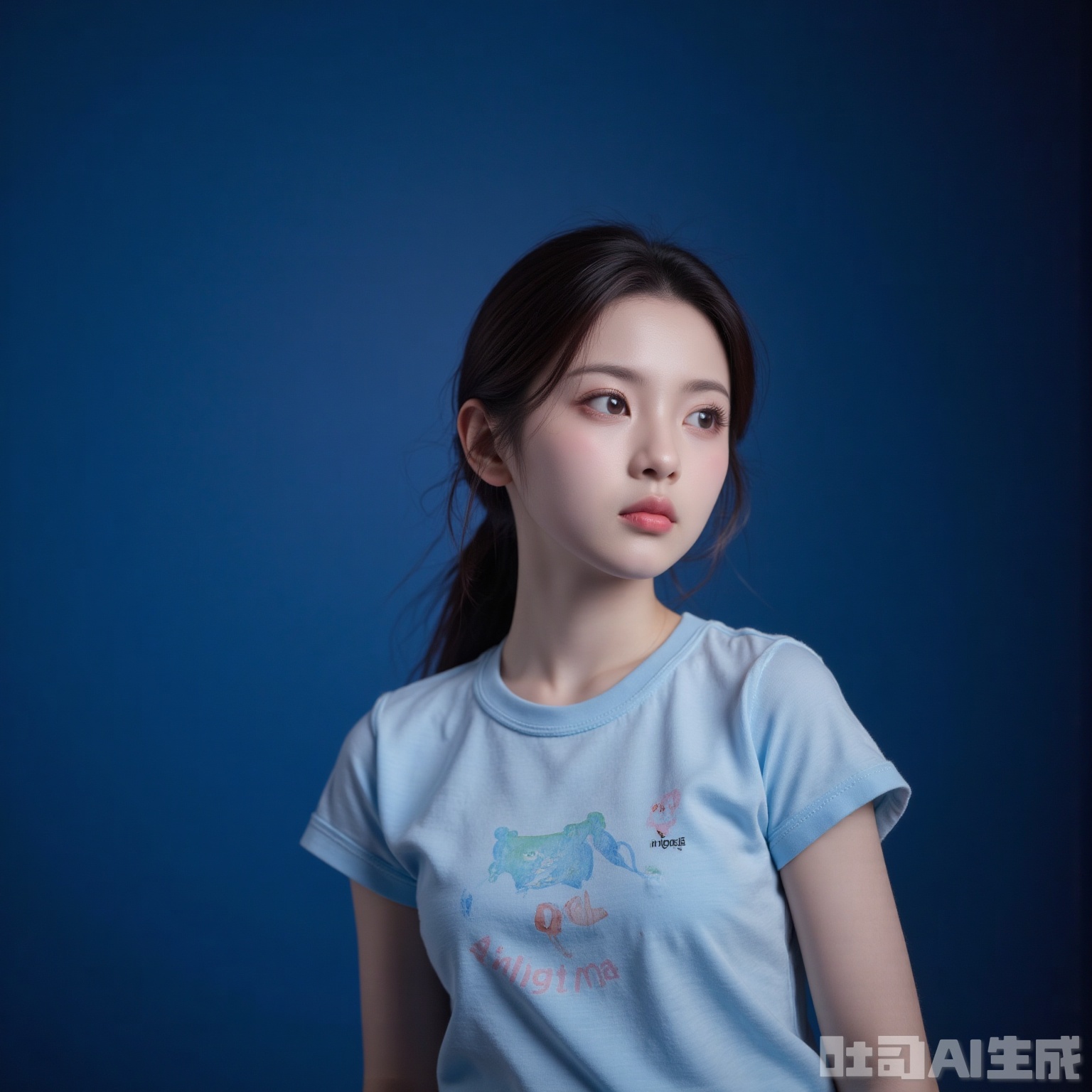 A serene solo portrait of a 6yo girl,She is wearing a crewneck T-shirt.,gazing calmly ahead with her upper body in the warmth of bright light and shadow., set against a serene blue background that fades into simplicity. The Fujifilm XT4 camera, equipped with an 85mm lens at f/1.2, captures every detail with superlative clarity,