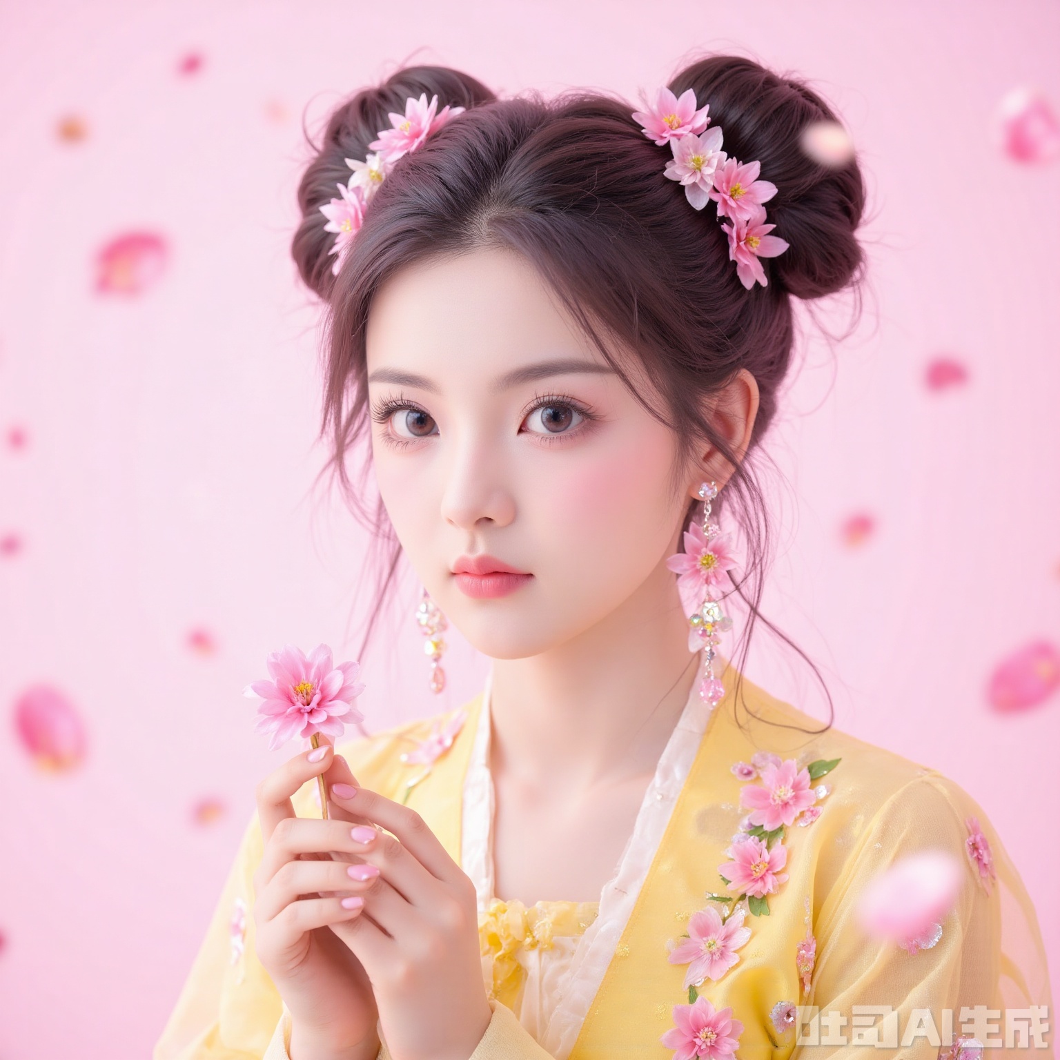 The image depicts a young girl with large, expressive eyes wearing a traditional yellow dress adorned with floral patterns. She has her hair styled into two high buns, and she is holding a pink flower in her right hand. Her ears are decorated with dangling earrings that feature floral designs. The background is a soft, pastel pink, and there are subtle petals floating around her, giving a sense of a gentle, serene atmosphere.