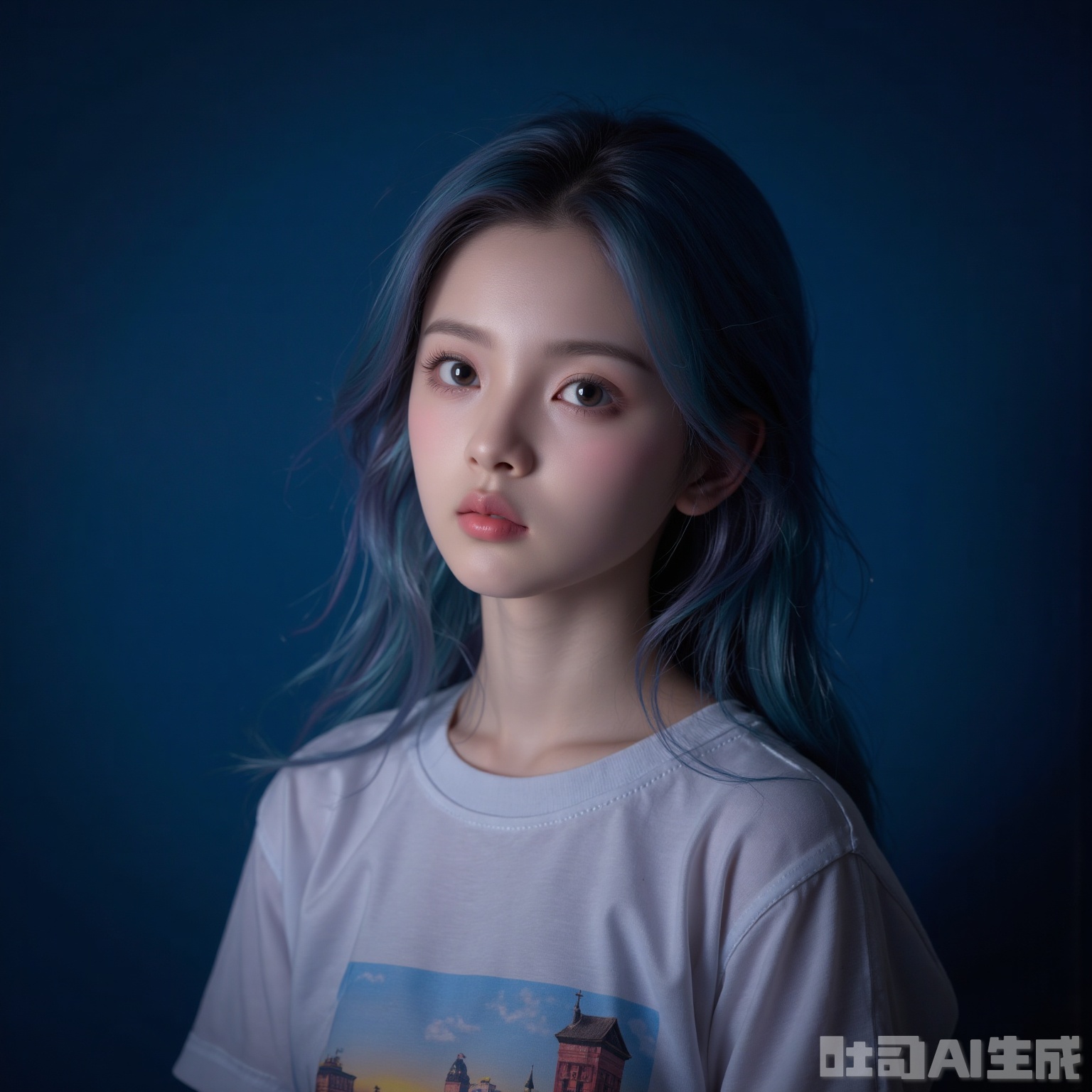 A serene solo portrait of a 6yo girl,She is wearing a crewneck T-shirt.,gazing calmly ahead with her upper body in the warmth of bright light and shadow., set against a serene blue background that fades into simplicity. The Fujifilm XT4 camera, equipped with an 85mm lens at f/1.2, captures every detail with superlative clarity,