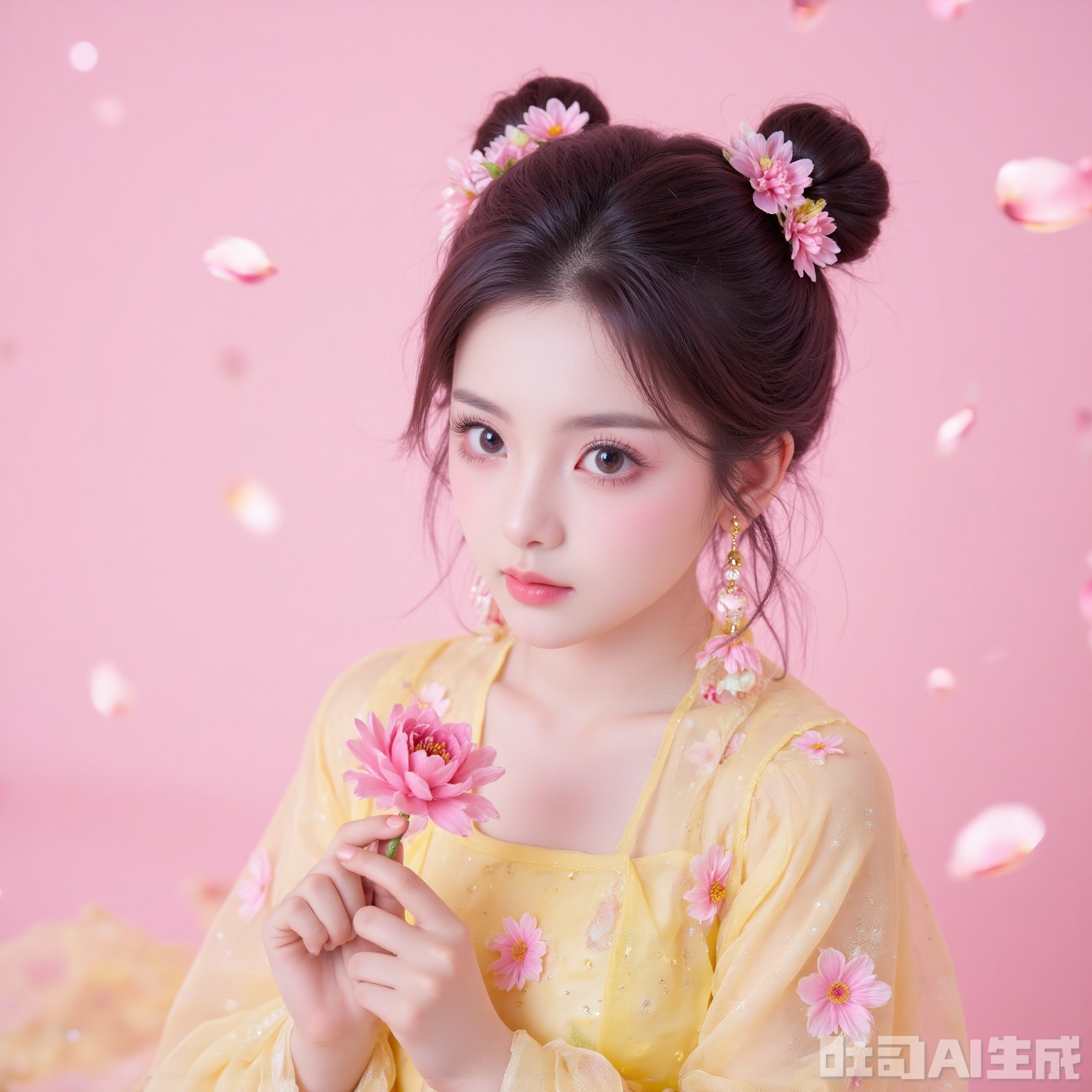 The image depicts a young girl with large, expressive eyes wearing a traditional yellow dress adorned with floral patterns. She has her hair styled into two high buns, and she is holding a pink flower in her right hand. Her ears are decorated with dangling earrings that feature floral designs. The background is a soft, pastel pink, and there are subtle petals floating around her, giving a sense of a gentle, serene atmosphere.