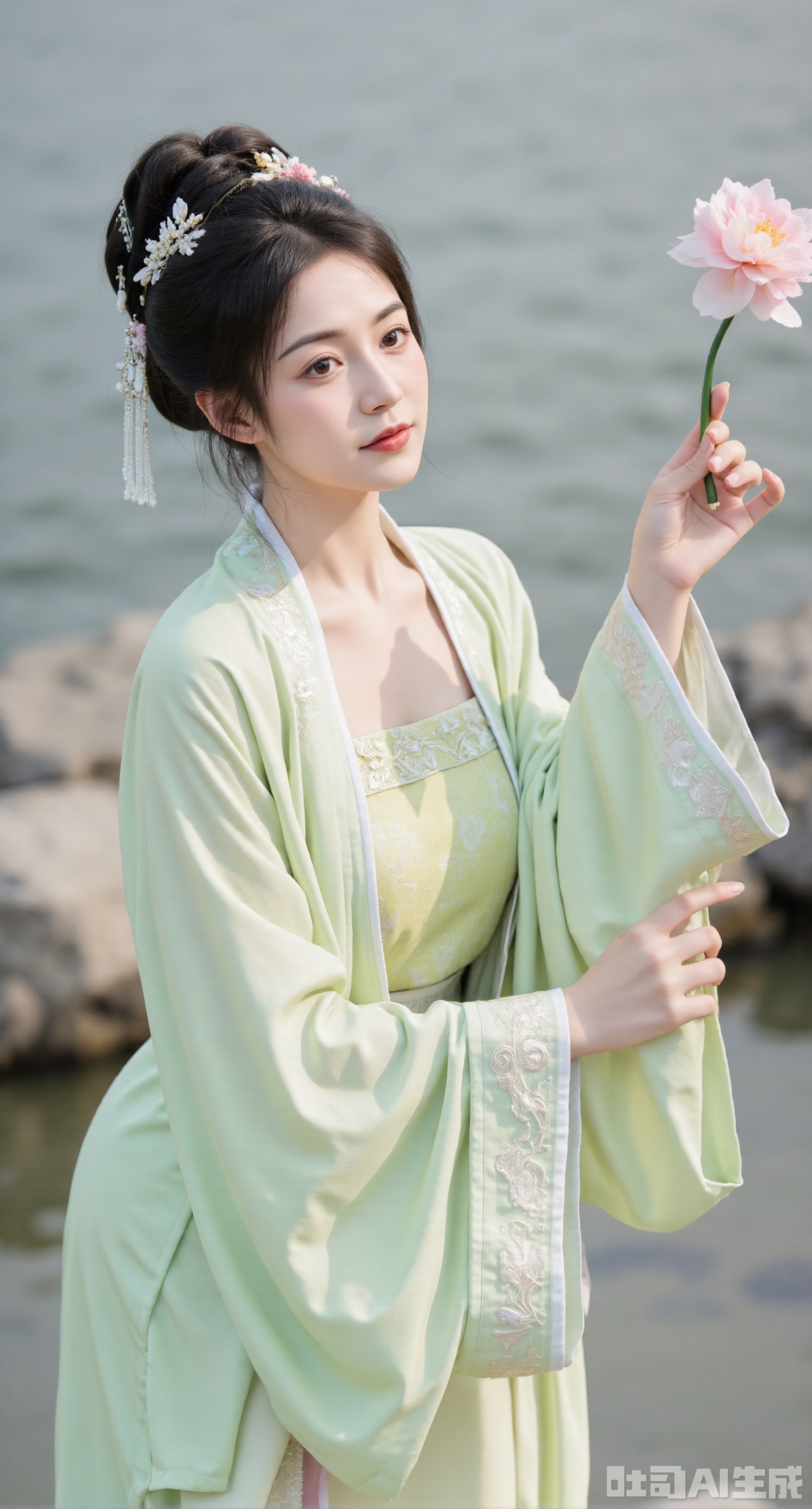 masterpiece,qingyi,danya,1girl,black hair,hanfu,(flower:1.5),realistic,hair ornament,chinese clothes,(light green dress:1.39),black eyes,long sleeves,holding,holding flower,,hanfu, longfeihanfu,looking at viewer,(big breasts:1.89)(huge breasts:2.99),(full breasts:2.99),,X,Xhanfududou,Xsongzhihanfu