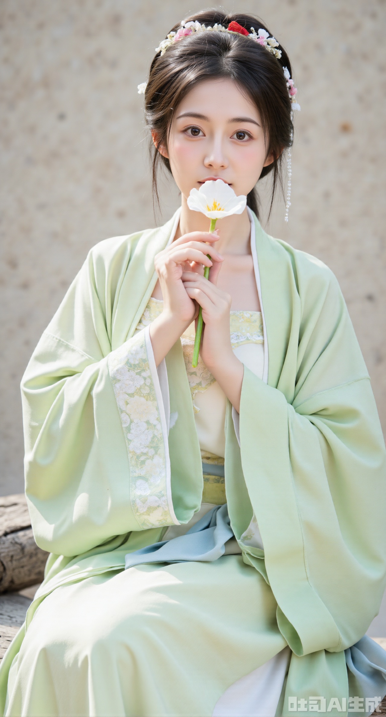 masterpiece,qingyi,danya,1girl,black hair,hanfu,(flower:1.5),realistic,hair ornament,chinese clothes,(light green dress:1.39),black eyes,long sleeves,holding,holding flower,,hanfu, longfeihanfu,looking at viewer,(big breasts:1.89)(huge breasts:2.99),(full breasts:2.99),,X,Xhanfududou,Xsongzhihanfu