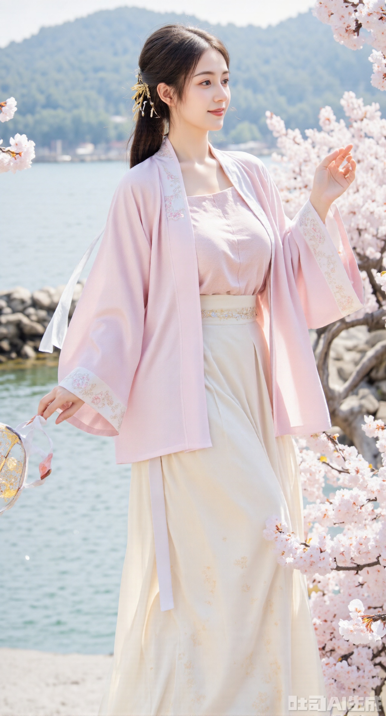 masterpiece, best quality, In spring, a beautiful girl in Song - style Hanfu, wearing a light - pink beizi paired with a moon - white hundred - pleated skirt, strolls through a peach blossom forest in full bloom. The beizi is embroidered with delicate peach blossom patterns, echoing the surrounding environment. She holds a butterfly kite in her hand, with a cheerful smile on her face. The breeze gently blows, making her hair and skirt flutter. In the distance, there are green mountains and clear waters, forming a vibrant spring picture, (huge breasts, full breasts),Xhanfududou,Xsongzhihanfu
