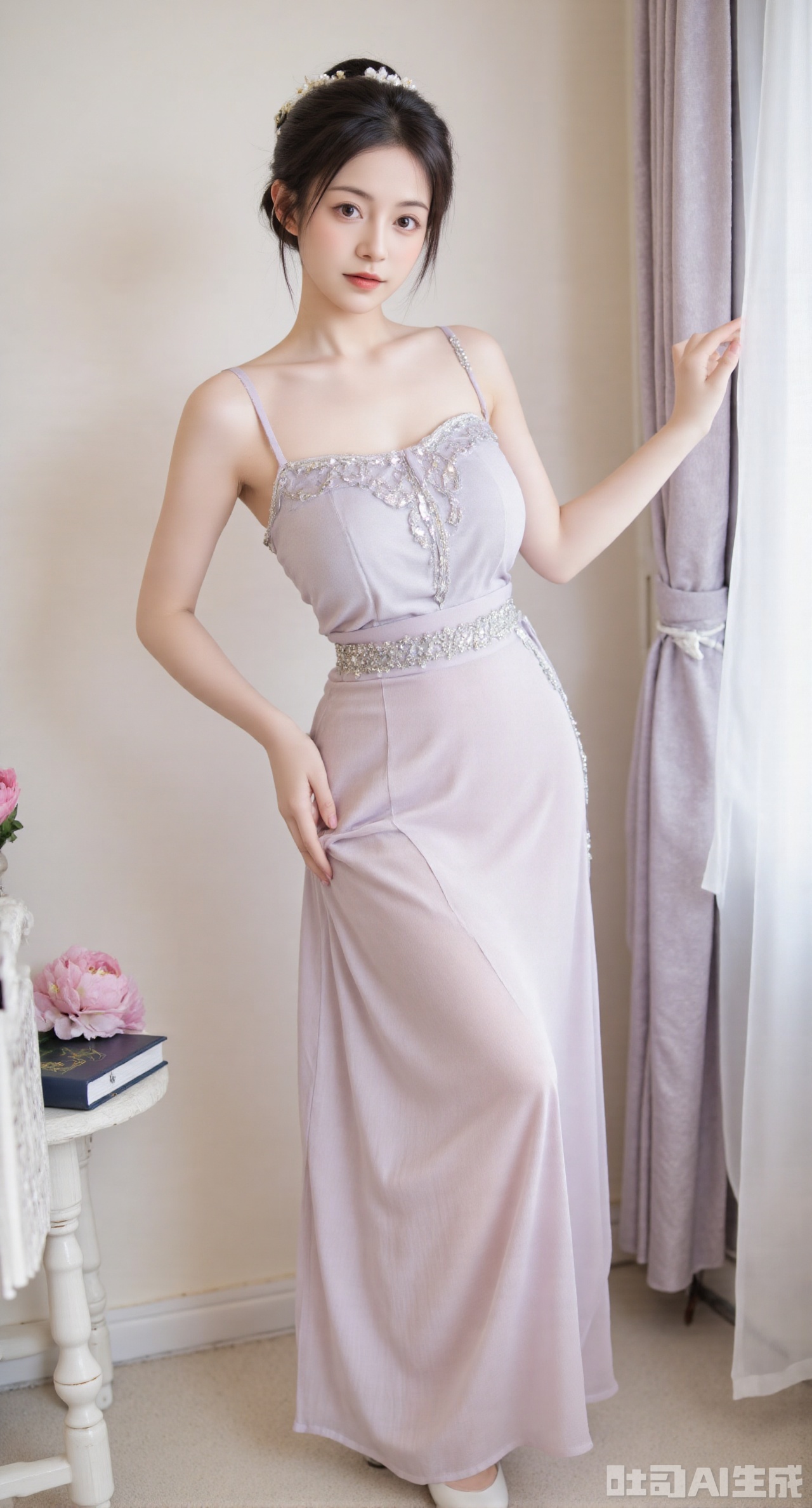 (masterpiece:1.2),Ultra clear, wallpaper, 8k, masterpiece, 1girl, solo, long hair, breasts, looking at viewer, bangs, large breasts,long dress,, bare shoulders, jewelry, black hair, standing, purple eyes, full body, flower, thighs, indoors, hair bun, long dress, high heels, cup, see-through, book, bare legs, window, table, white footwear, standing on one leg, curtains, pink flower, side slit, vase, ,(huge breasts:2.99),(full breasts:2.99),,X,Xhanfududou,Xsongzhihanfu