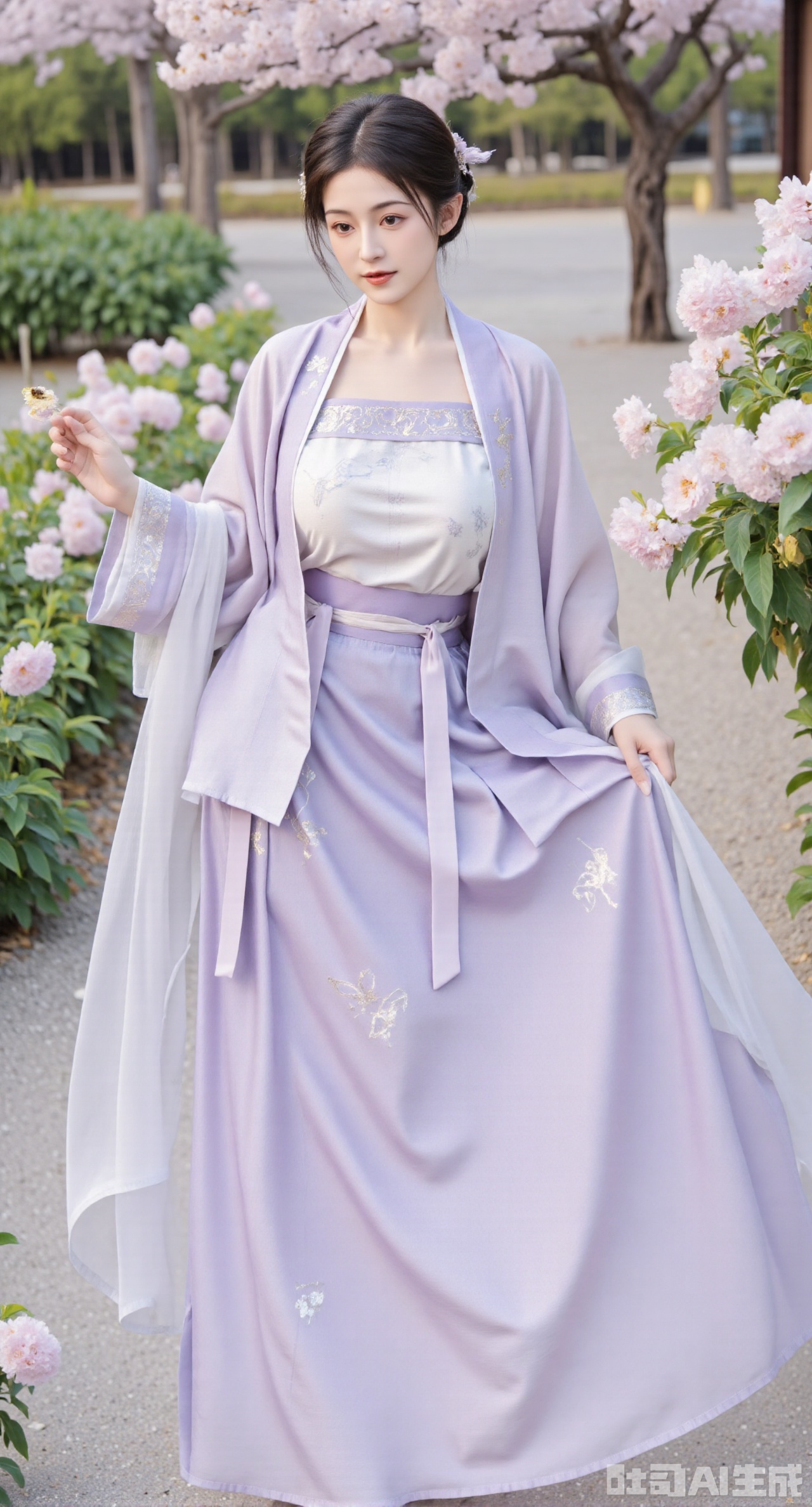 masterpiece, best quality, In the spring garden, a beautiful girl in Song - style Hanfu wears a cyan - white crossed - collar long gown, paired with a light - purple swirling skirt. The collar of the crossed - collar long gown is embroidered with light - pink peach blossom petals, and the swirling skirt is embroidered with patterns of butterflies hovering around flower bushes in purple silk thread. She walks on the path in the garden, with flowers blooming competitively beside her, and bees busying in the flowers, showing the liveliness and vitality of the spring garden, (huge breasts, full breasts) (huge breasts, full breasts:2.99),Xhanfududou,Xsongzhihanfu