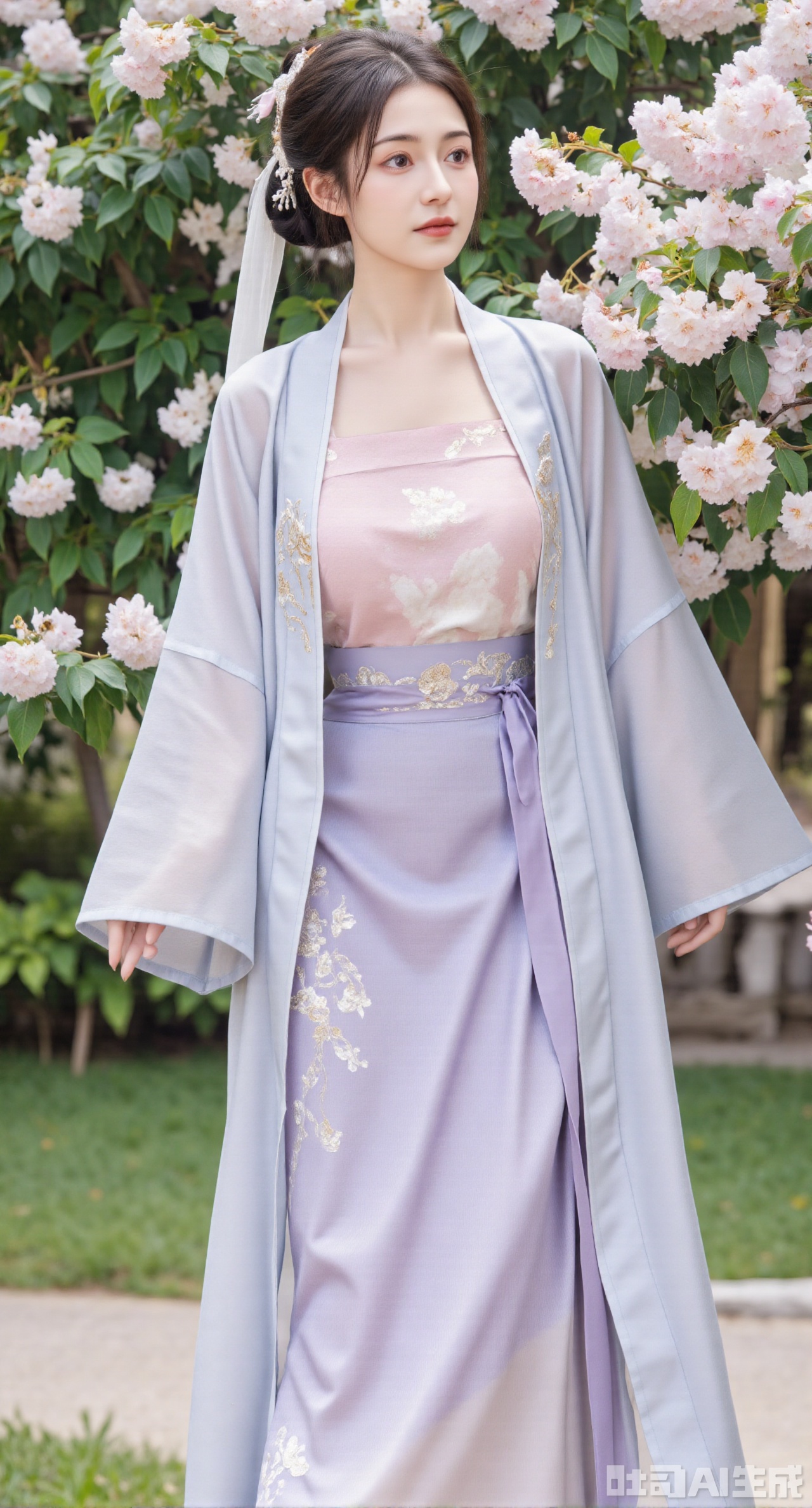 masterpiece, best quality, In the spring garden, a beautiful girl in Song - style Hanfu wears a cyan - white crossed - collar long gown, paired with a light - purple swirling skirt. The collar of the crossed - collar long gown is embroidered with light - pink peach blossom petals, and the swirling skirt is embroidered with patterns of butterflies hovering around flower bushes in purple silk thread. She walks on the path in the garden, with flowers blooming competitively beside her, and bees busying in the flowers, showing the liveliness and vitality of the spring garden, (huge breasts, full breasts) (huge breasts, full breasts:2.99),Xhanfududou,Xsongzhihanfu