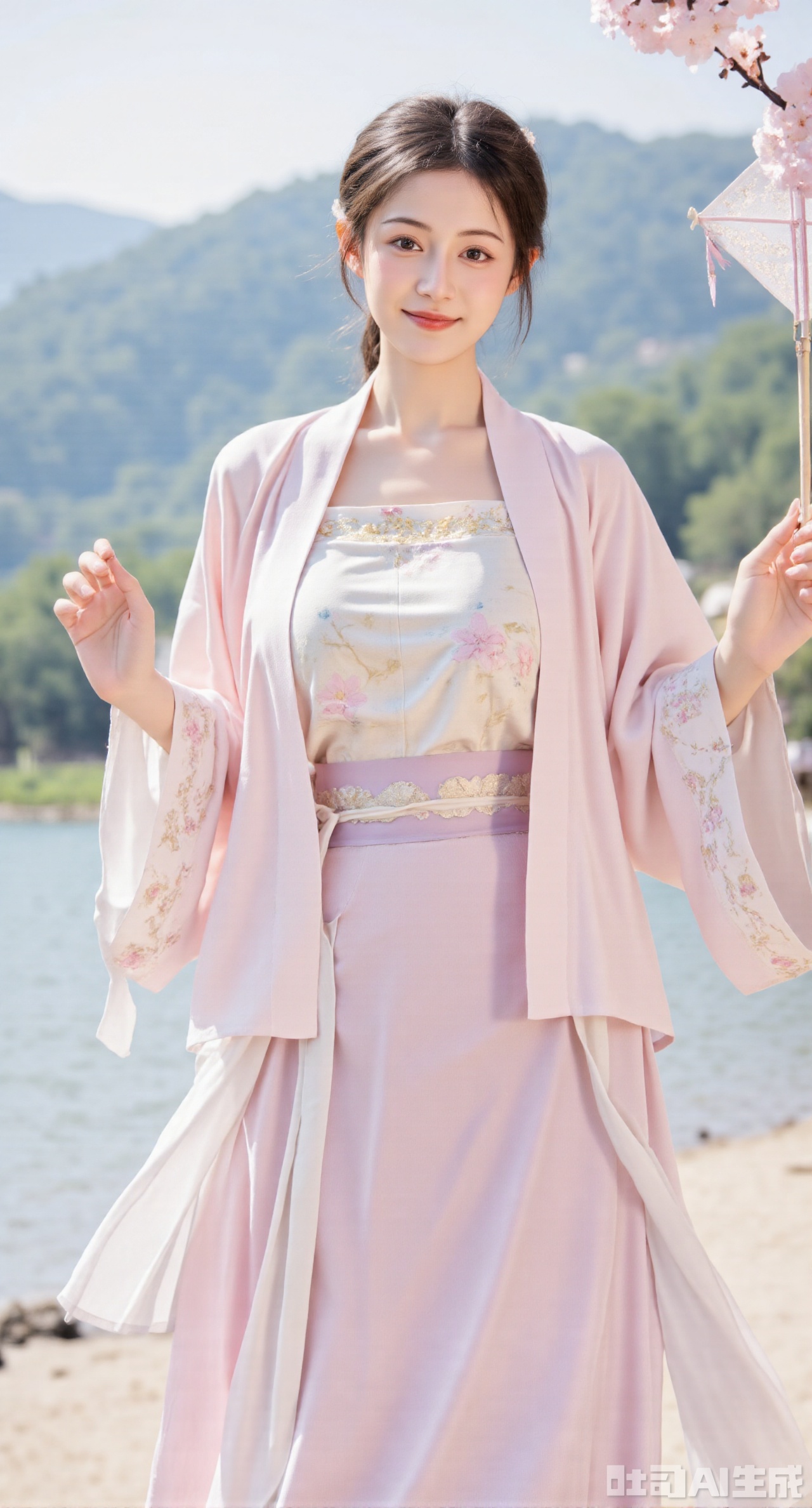 masterpiece, best quality, In spring, a beautiful girl in Song - style Hanfu, wearing a light - pink beizi paired with a moon - white hundred - pleated skirt, strolls through a peach blossom forest in full bloom. The beizi is embroidered with delicate peach blossom patterns, echoing the surrounding environment. She holds a butterfly kite in her hand, with a cheerful smile on her face. The breeze gently blows, making her hair and skirt flutter. In the distance, there are green mountains and clear waters, forming a vibrant spring picture, (huge breasts, full breasts),Xhanfududou,Xsongzhihanfu
