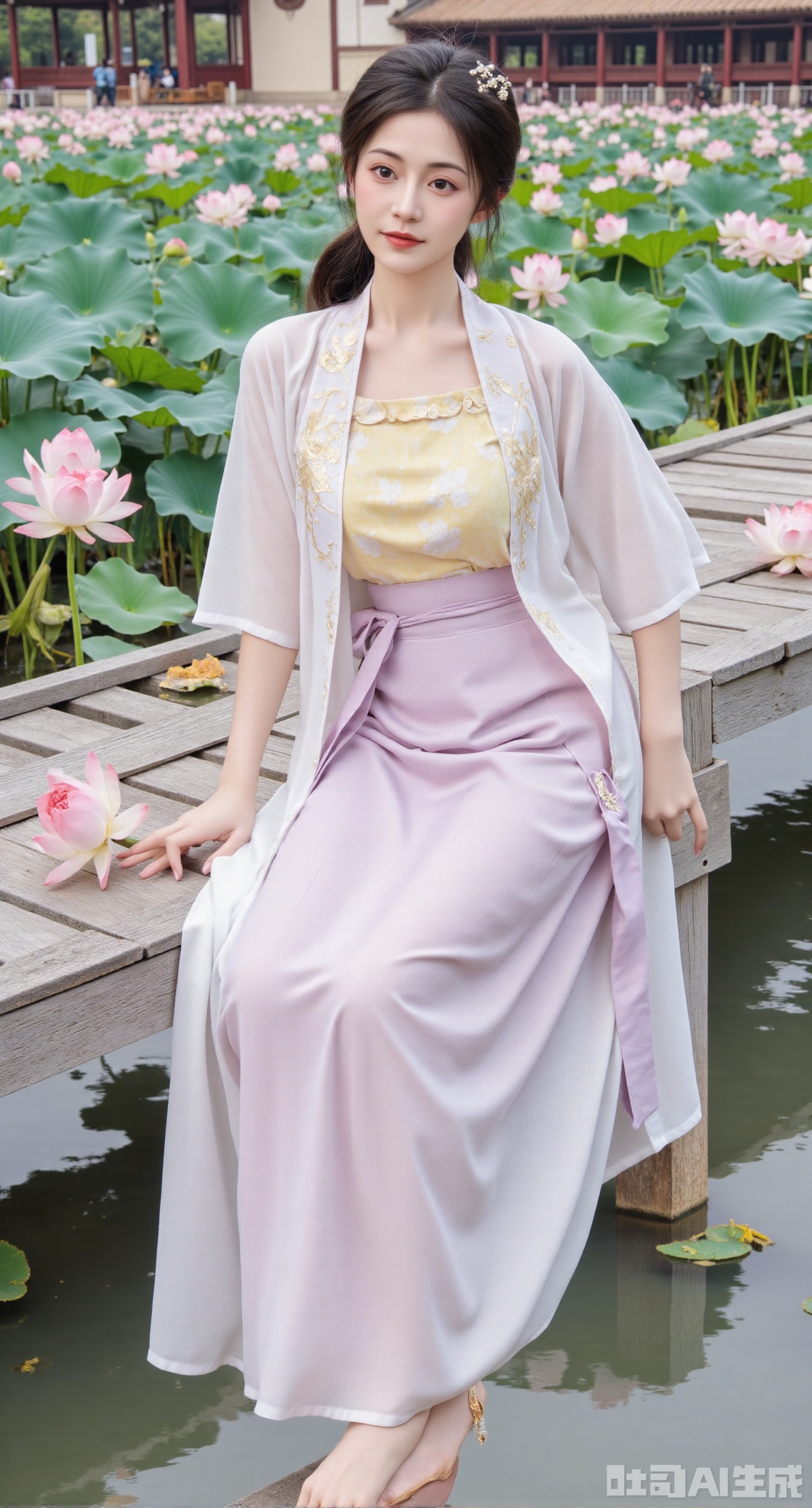 (masterpiece:1.2),best quality,The image is a digital illustration of a young woman sitting on a wooden bench in a pond with lily pads. She is wearing a long dress with design on the chest and sleeves. The dress has a high neckline and short sleeves,Holding a lotus in hand. She has long dark hair styled in loose waves and is wearing gold high heels. The woman is posing with one hand on her hip and the other resting on the edge of the bench. The background is filled with pink and white lotus flowers and green leaves. The overall mood of the image is peaceful and serene,(huge breasts:2.99),(full breasts:2.99),(Background with traditional Chinese architecture, lotus pond and pink lotus flowers:1.39),,Xhanfududou,Xsongzhihanfu