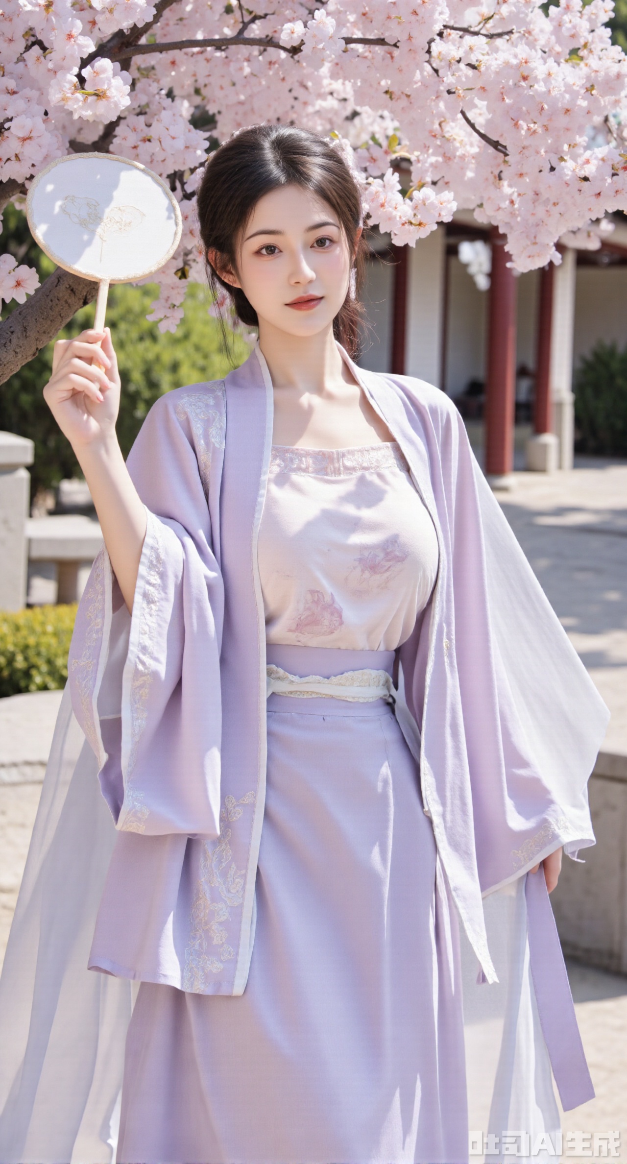masterpiece, best quality, In a sunny spring courtyard, a beautiful girl in Song - style Hanfu wears a light - purple swirling skirt, paired with a white crossed - collar inner garment on the upper body. The swirling skirt is embroidered with flying swallow patterns in light - pink silk thread, and the skirt rotates nimbly. She holds a round fan and is interacting with the flowers in the courtyard, sometimes smelling the fragrance of the flowers, sometimes gently touching the petals. The courtyard is full of blooming flowers and flying butterflies, full of the romantic atmosphere of spring, (huge breasts, full breasts),Xhanfududou,Xsongzhihanfu