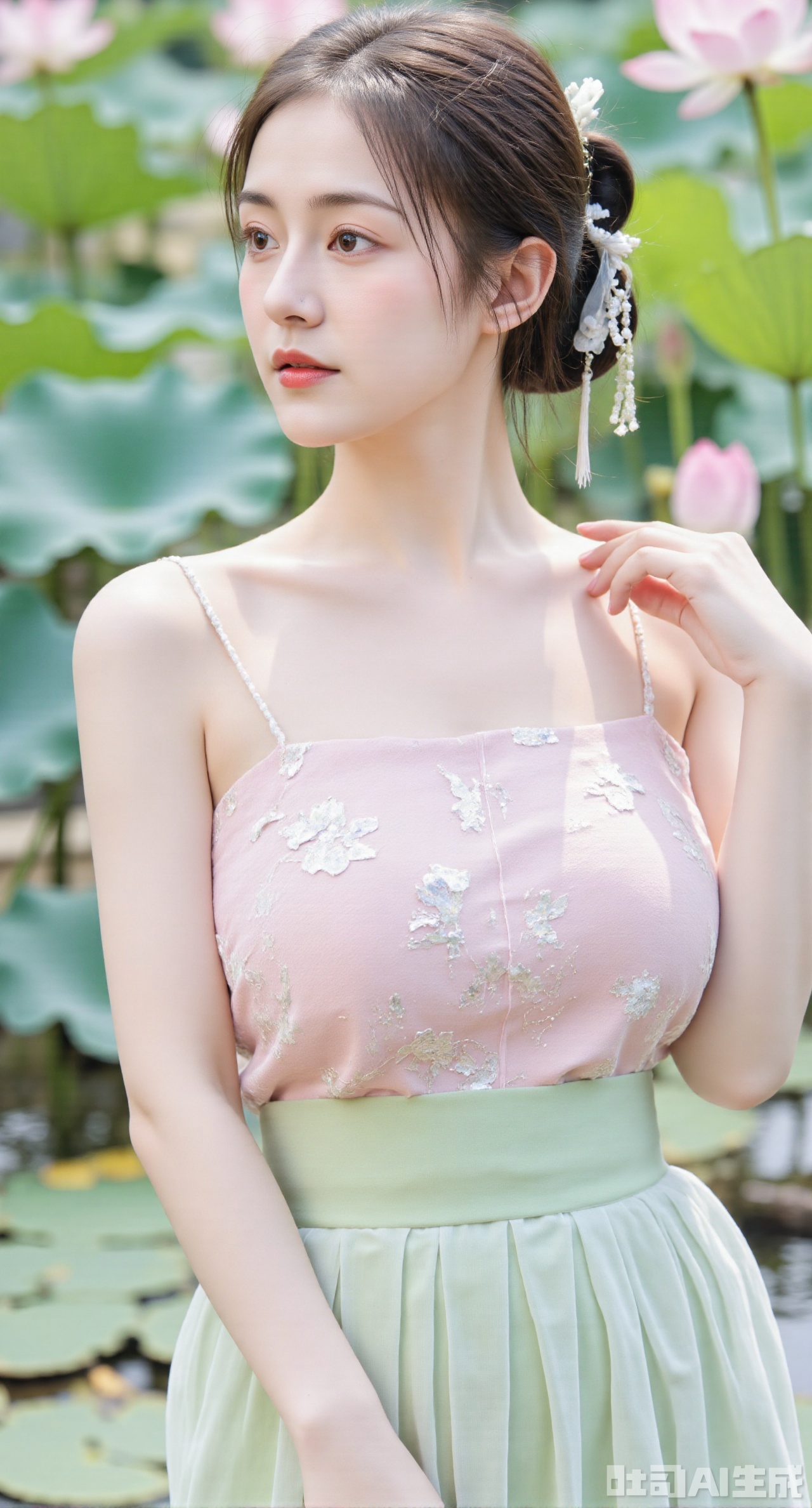 (masterpiece, best quality:1.2),1girl, navel, solo, midriff, bare shoulders, hair ornament,(long hair),(High double ponytail:1.49), red lips, BREAK, (looking at viewer:1.39), chinese clothes,(Holographic pink|green dress:1.36), (lace,Rainbow Gradient Color:1.28), BREAK,blurry, solo focus, long hair, lips, daytime, lipstick, outdoors, standing,upper body,(huge breasts:2.89), background, solo, makeup,(Liquid glass style flowers:1.49),(huge breasts:2.99),(full breasts:2.99),,(Background with lotus pond and pink lotus flowers:1.39), (huge breasts, full breasts),Xhanfududou,Xsongzhihanfu