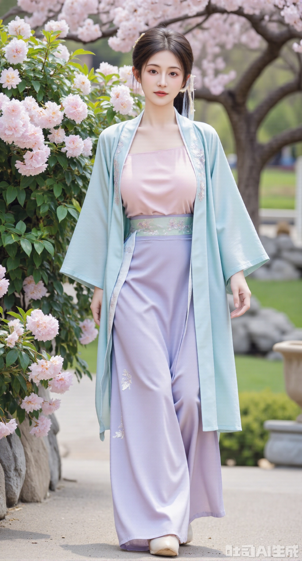masterpiece, best quality, In the spring garden, a beautiful girl in Song - style Hanfu wears a cyan - white crossed - collar long gown, paired with a light - purple swirling skirt. The collar of the crossed - collar long gown is embroidered with light - pink peach blossom petals, and the swirling skirt is embroidered with patterns of butterflies hovering around flower bushes in purple silk thread. She walks on the path in the garden, with flowers blooming competitively beside her, and bees busying in the flowers, showing the liveliness and vitality of the spring garden, (huge breasts, full breasts) (huge breasts, full breasts:2.99),Xhanfududou,Xsongzhihanfu