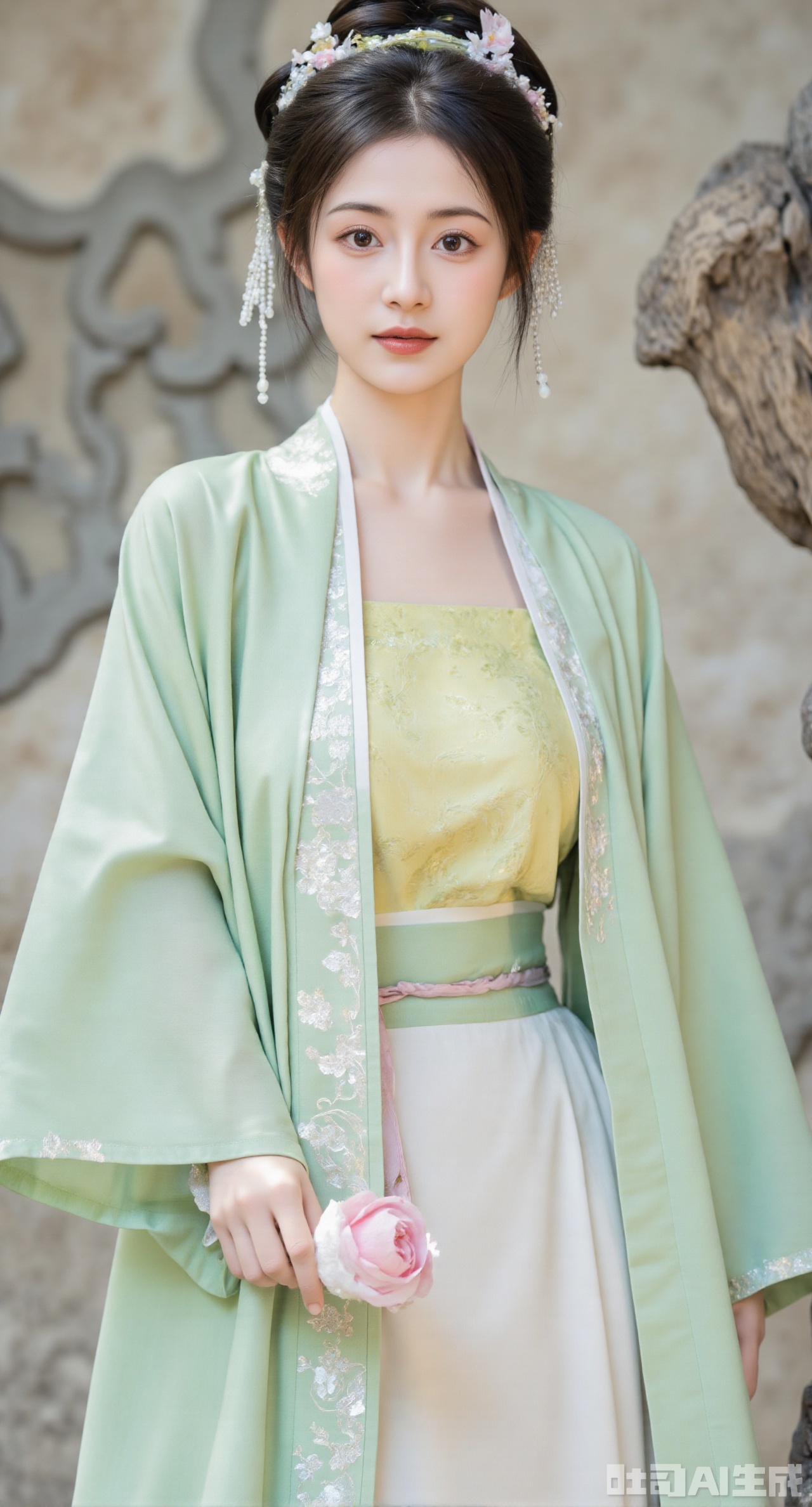 masterpiece,qingyi,danya,1girl,black hair,hanfu,(flower:1.5),realistic,hair ornament,chinese clothes,(light green dress:1.39),black eyes,long sleeves,holding,holding flower,,hanfu, longfeihanfu,looking at viewer,(big breasts:1.89)(huge breasts:2.99),(full breasts:2.99),,X,Xhanfududou,Xsongzhihanfu