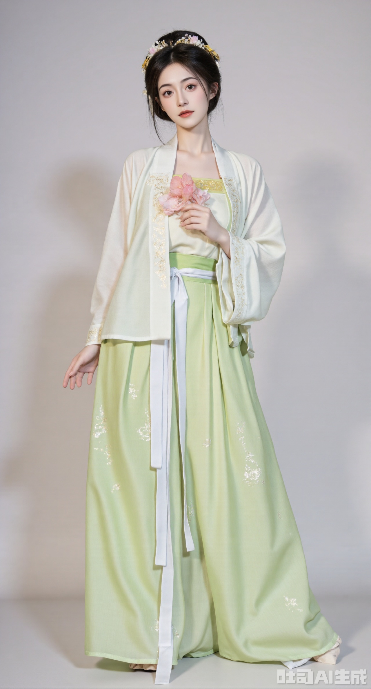 masterpiece,qingyi,danya,1girl,black hair,hanfu,(flower:1.5),realistic,hair ornament,chinese clothes,(light green dress:1.39),black eyes,long sleeves,holding,holding flower,,hanfu, longfeihanfu,looking at viewer,(big breasts:1.89)(huge breasts:2.99),(full breasts:2.99),,X,Xhanfududou,Xsongzhihanfu
