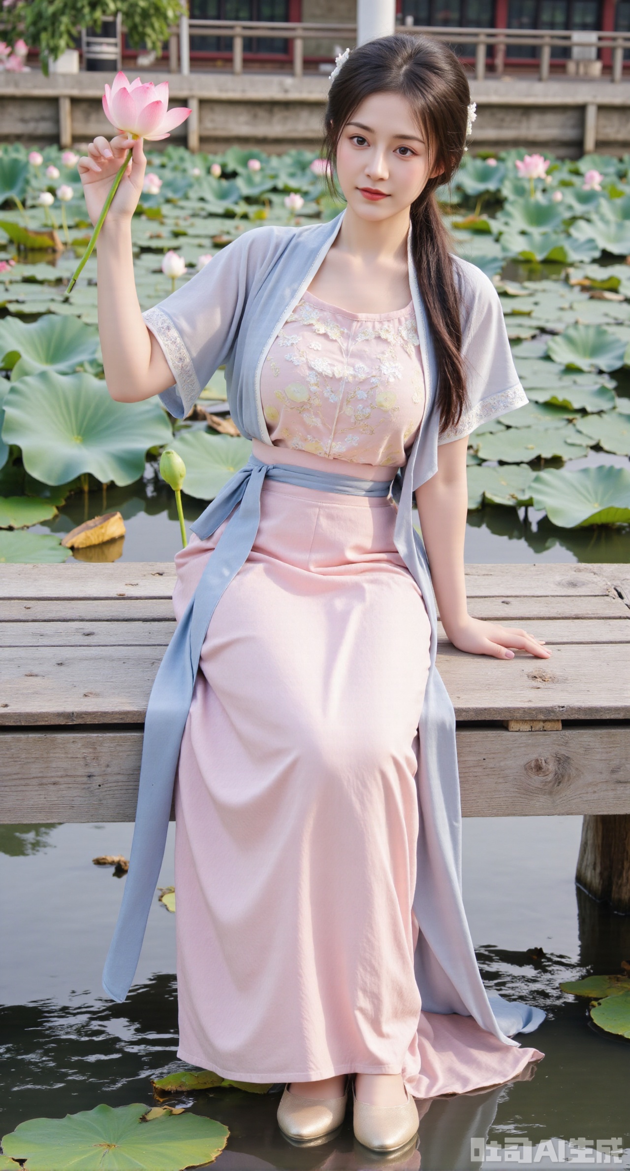 (masterpiece:1.2),best quality,The image is a digital illustration of a young woman sitting on a wooden bench in a pond with lily pads. She is wearing a long dress with design on the chest and sleeves. The dress has a high neckline and short sleeves,Holding a lotus in hand. She has long dark hair styled in loose waves and is wearing gold high heels. The woman is posing with one hand on her hip and the other resting on the edge of the bench. The background is filled with pink and white lotus flowers and green leaves. The overall mood of the image is peaceful and serene,(huge breasts:2.99),(full breasts:2.99),(Background with traditional Chinese architecture, lotus pond and pink lotus flowers:1.39),,Xhanfududou,Xsongzhihanfu